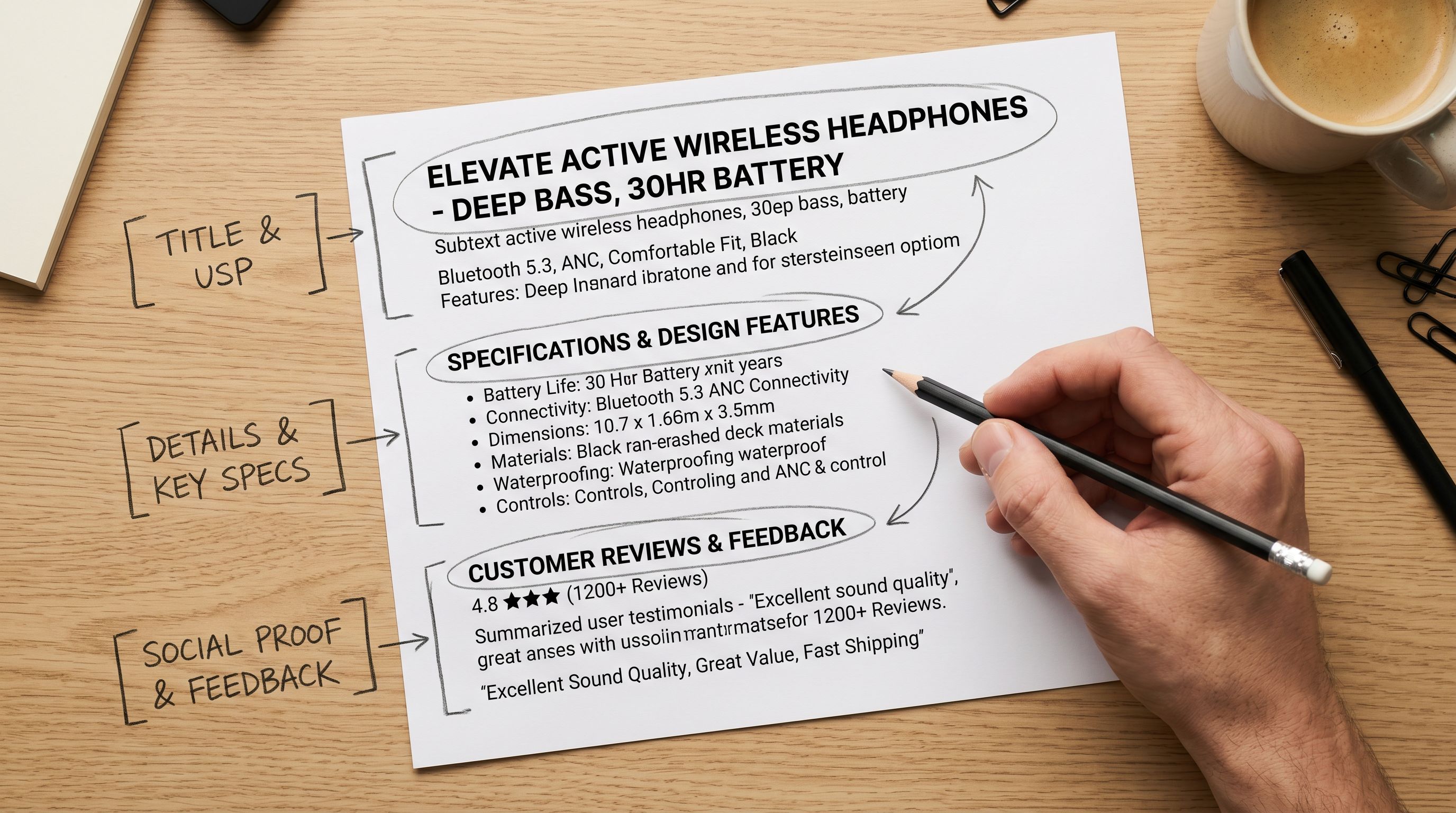 Printed product listing mockup on a desk showing a page title on top, meta description text below it in smaller print, and a body description further down, with annotations distinguishing the function of each text element in search results.