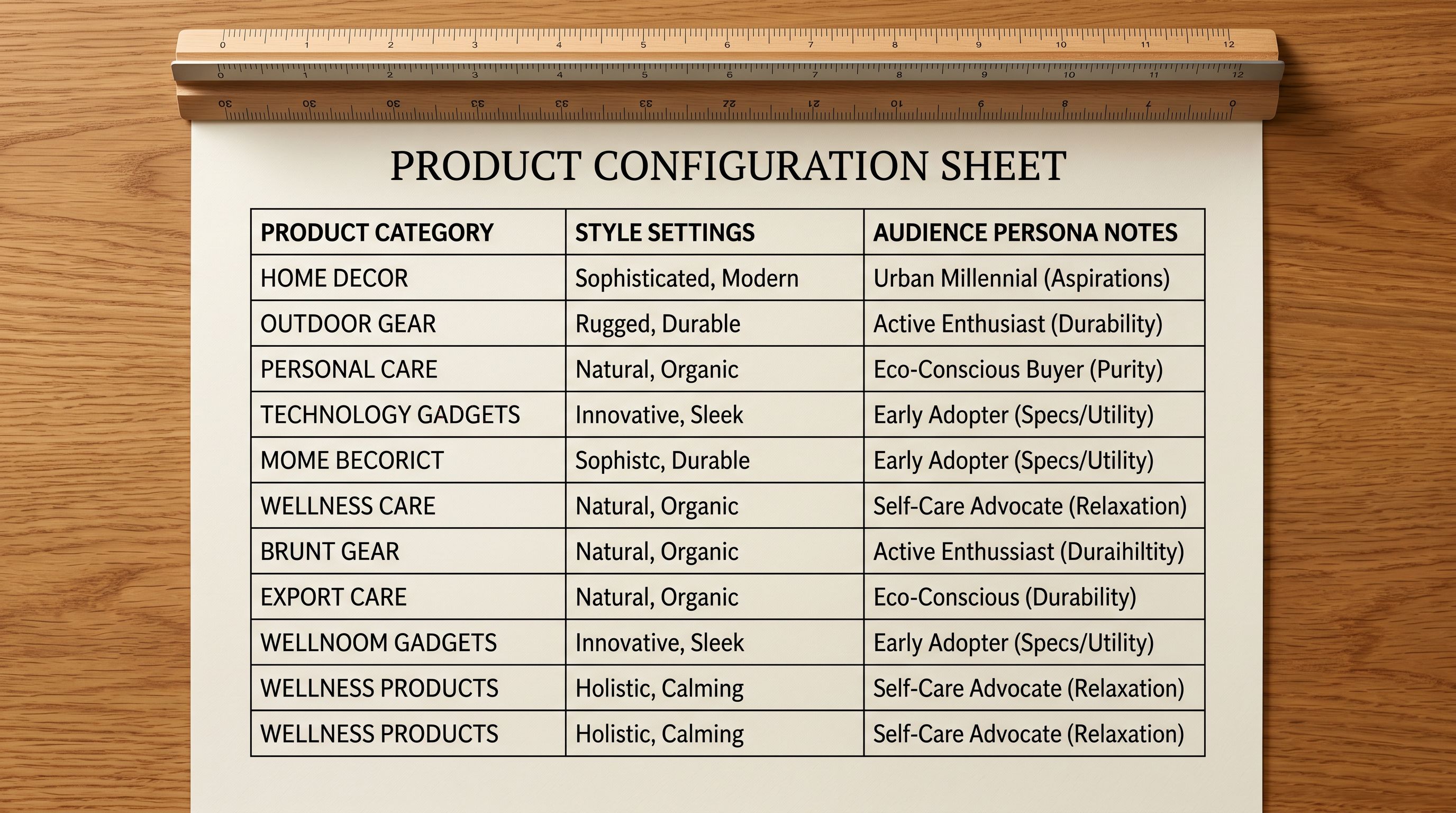 Printed batch product description generation summary sheet on a desk showing a table with product category in the left column, selected description style in the middle column, and persona in the right column, representing the configuration for a multi-category import session.