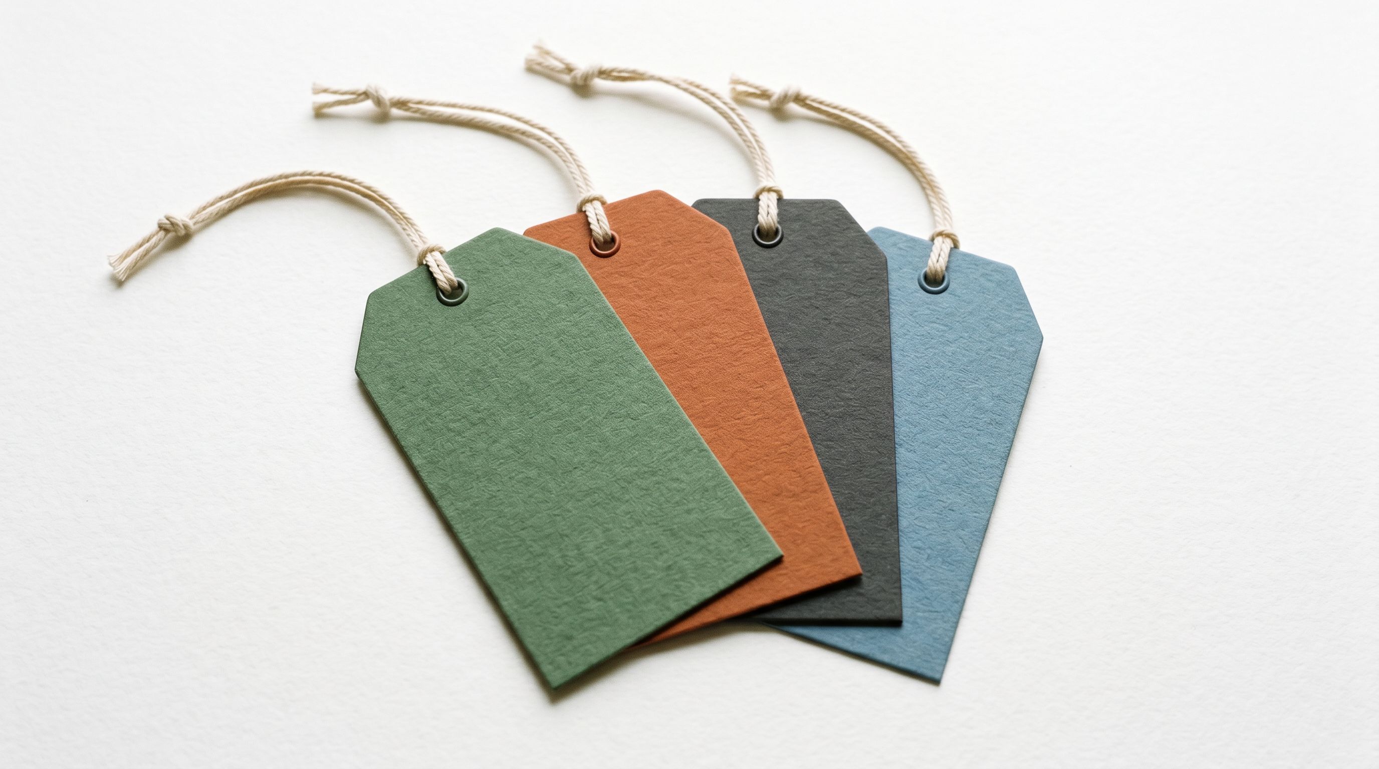 Four solid-coloured retail swing tags in sage green, terracotta, charcoal, and dusty blue arranged in a fan pattern on a white surface, representing distinct product categories managed separately.