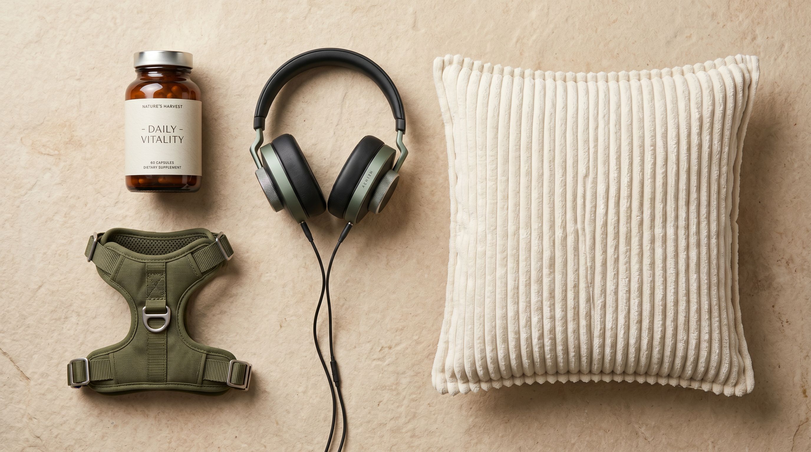 Four consumer product specimens in a flat-lay on pale stone: supplement bottle, dog harness, headphones, and ribbed ivory cushion representing different expert description categories.