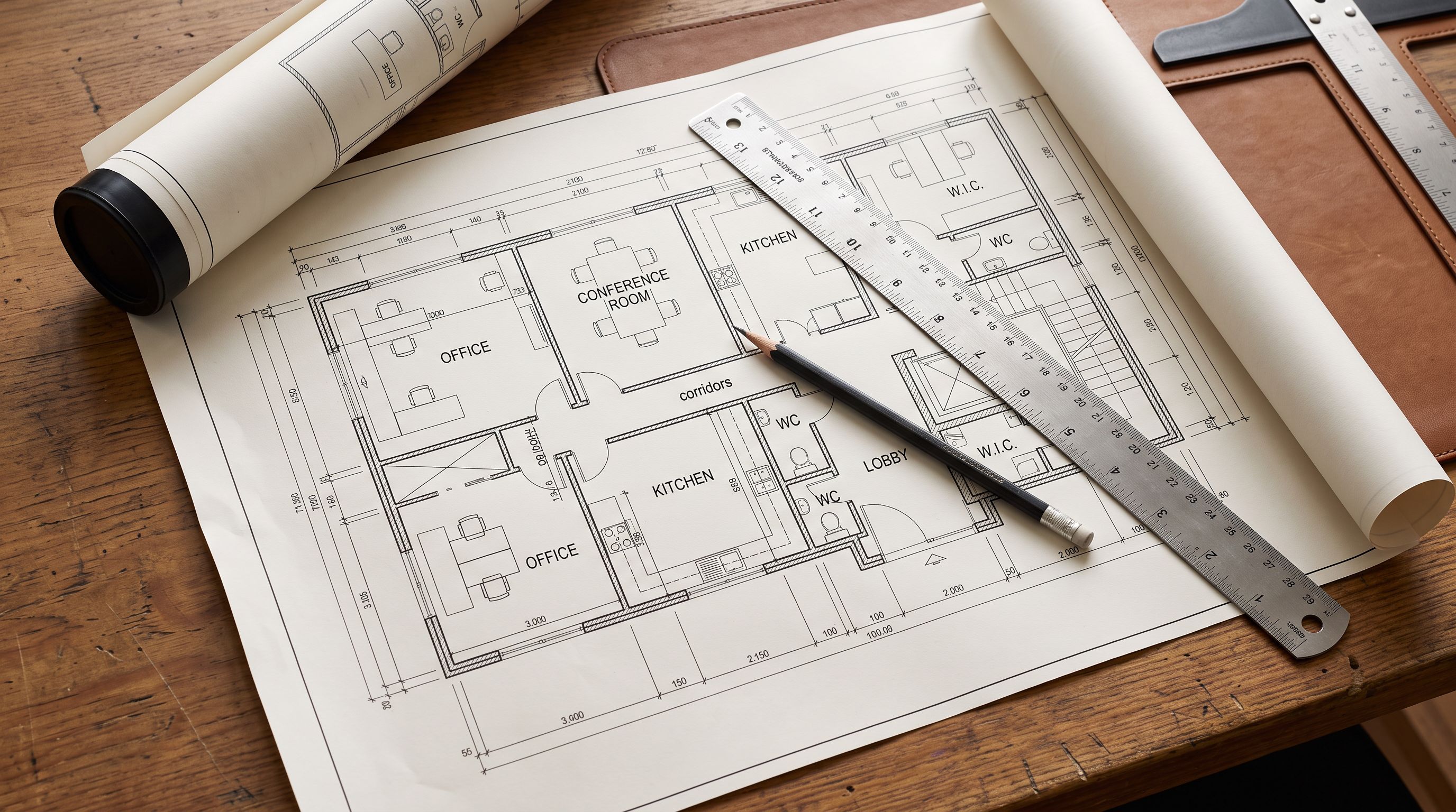 An open architectural blueprint on a drafting table with a steel ruler and pencil beside annotated floor plan sections.