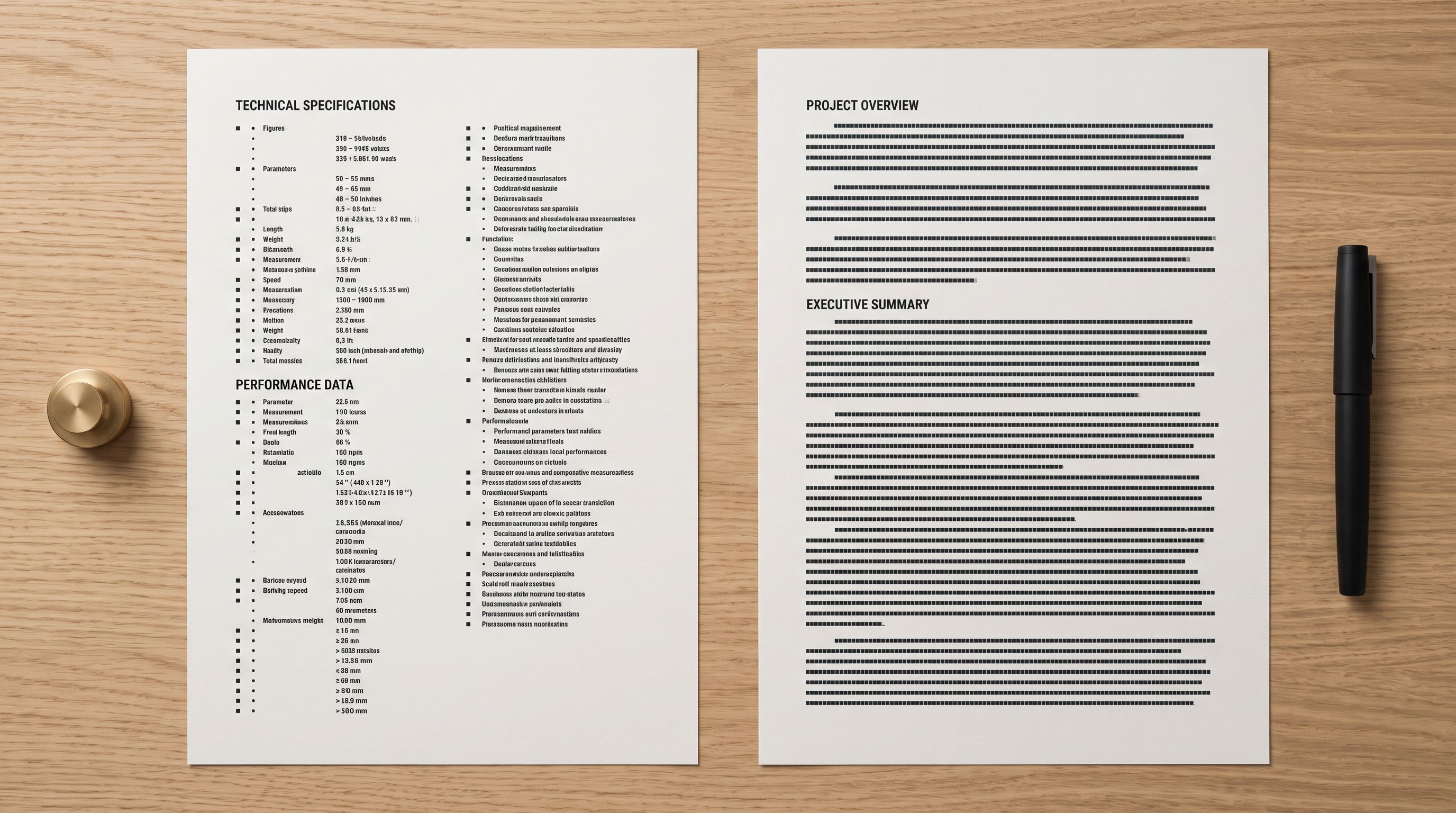 Two printed documents side by side on a light desk, one with specification bullet points and one with flowing narrative paragraphs.