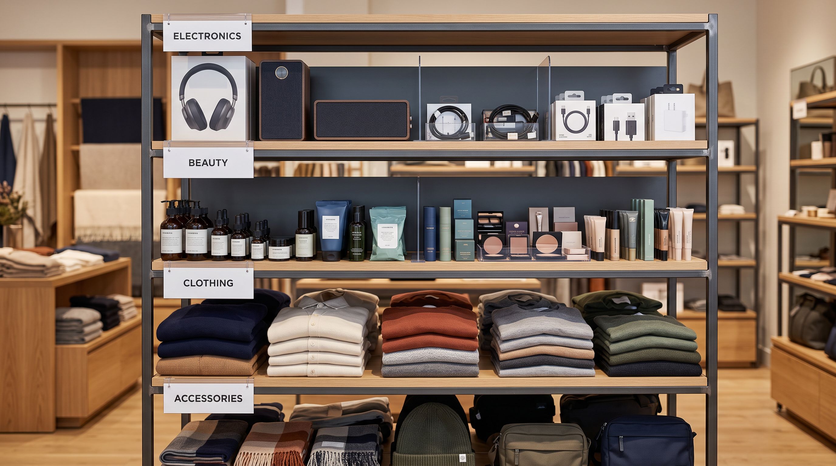 Retail shelving unit with products organised by labelled category dividers showing electronics, beauty, and clothing on separate shelves.
