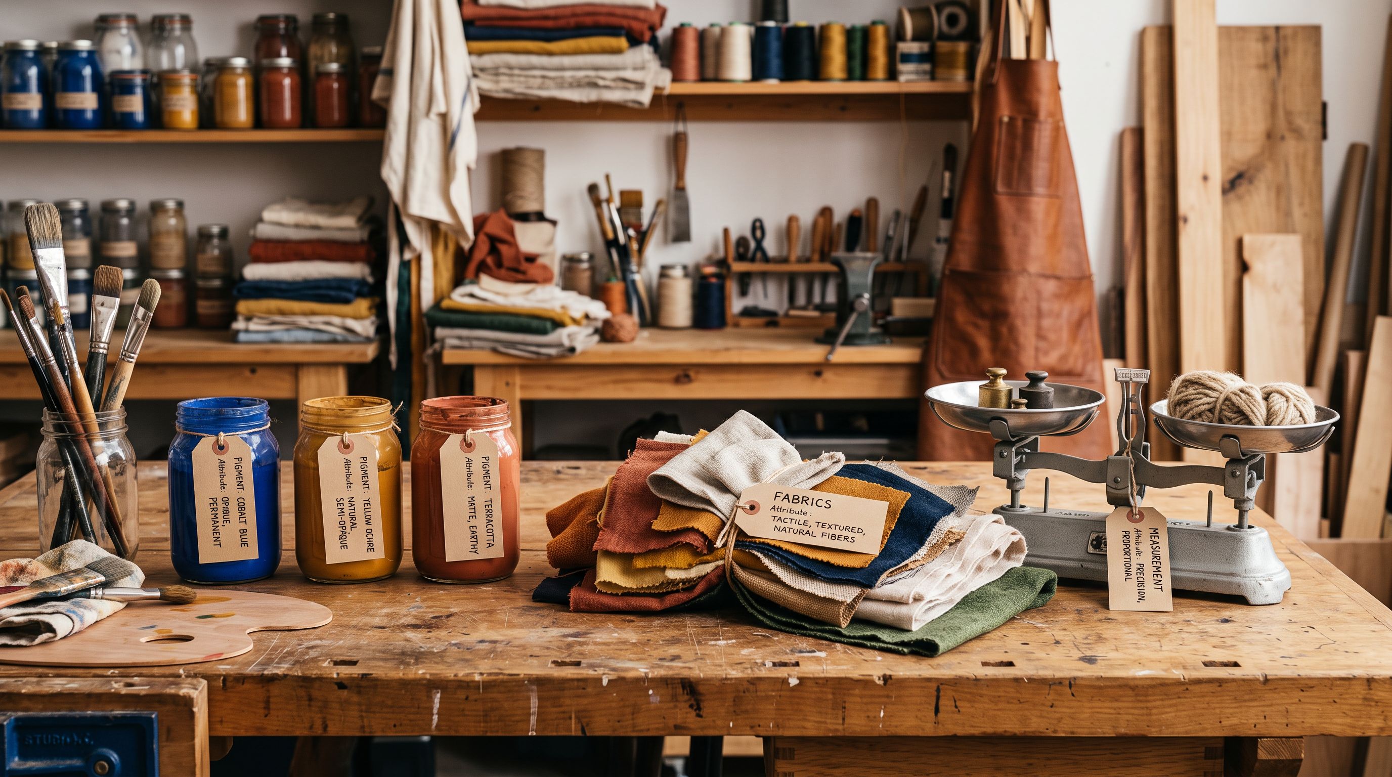 Workshop bench with three labelled containers of coloured materials beside fabric swatches and a small weighing scale.
