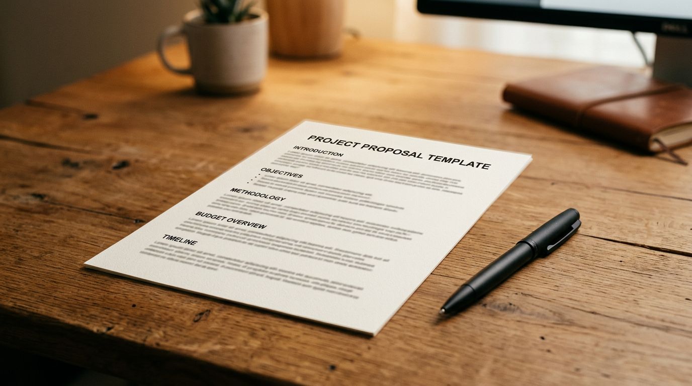 A printed document template with section headings laid out on a clean desk, a pen resting beside it, warm overhead studio lighting.