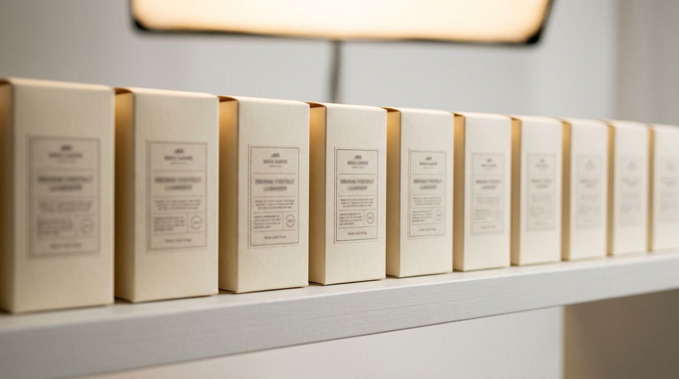 Multiple product boxes arranged in a neat row on a clean shelf, each with an identical label format, overhead warm studio lighting.
