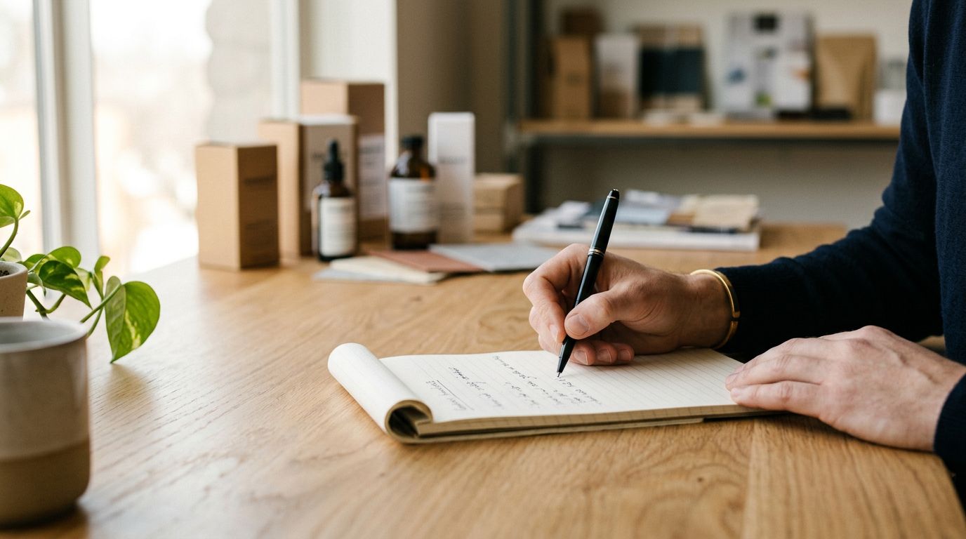 A person's hand writing section headings on a notepad at a desk, product packaging samples visible in the soft background, warm natural light.