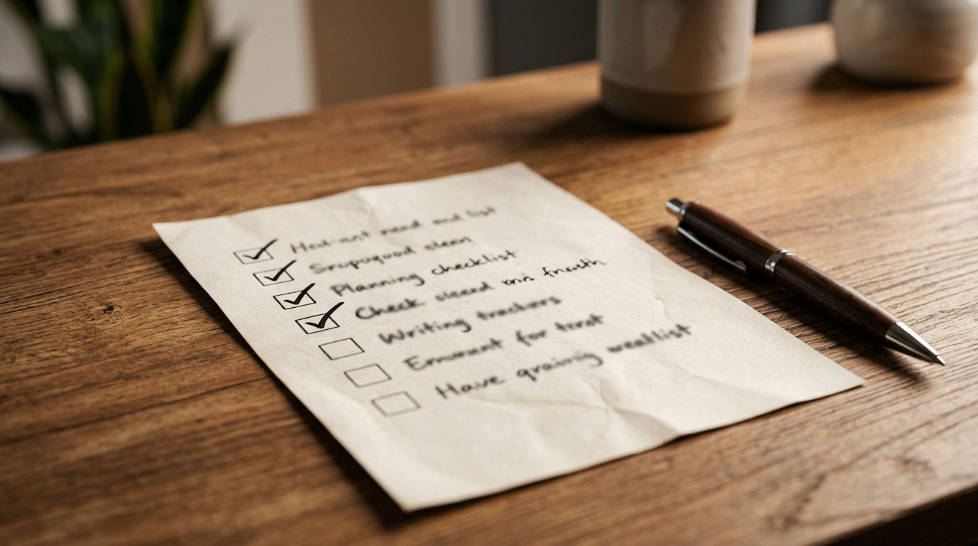 A printed checklist with several items marked off, resting on a clean desk beside a pen, warm overhead studio lighting.