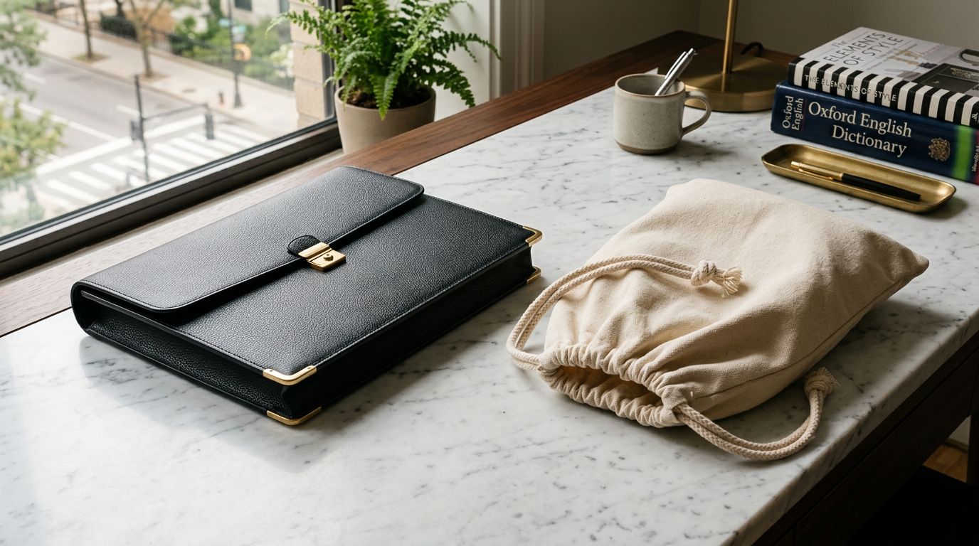 A formal black leather folder beside a soft canvas drawstring bag on a marble surface, contrasting formal and casual registers.