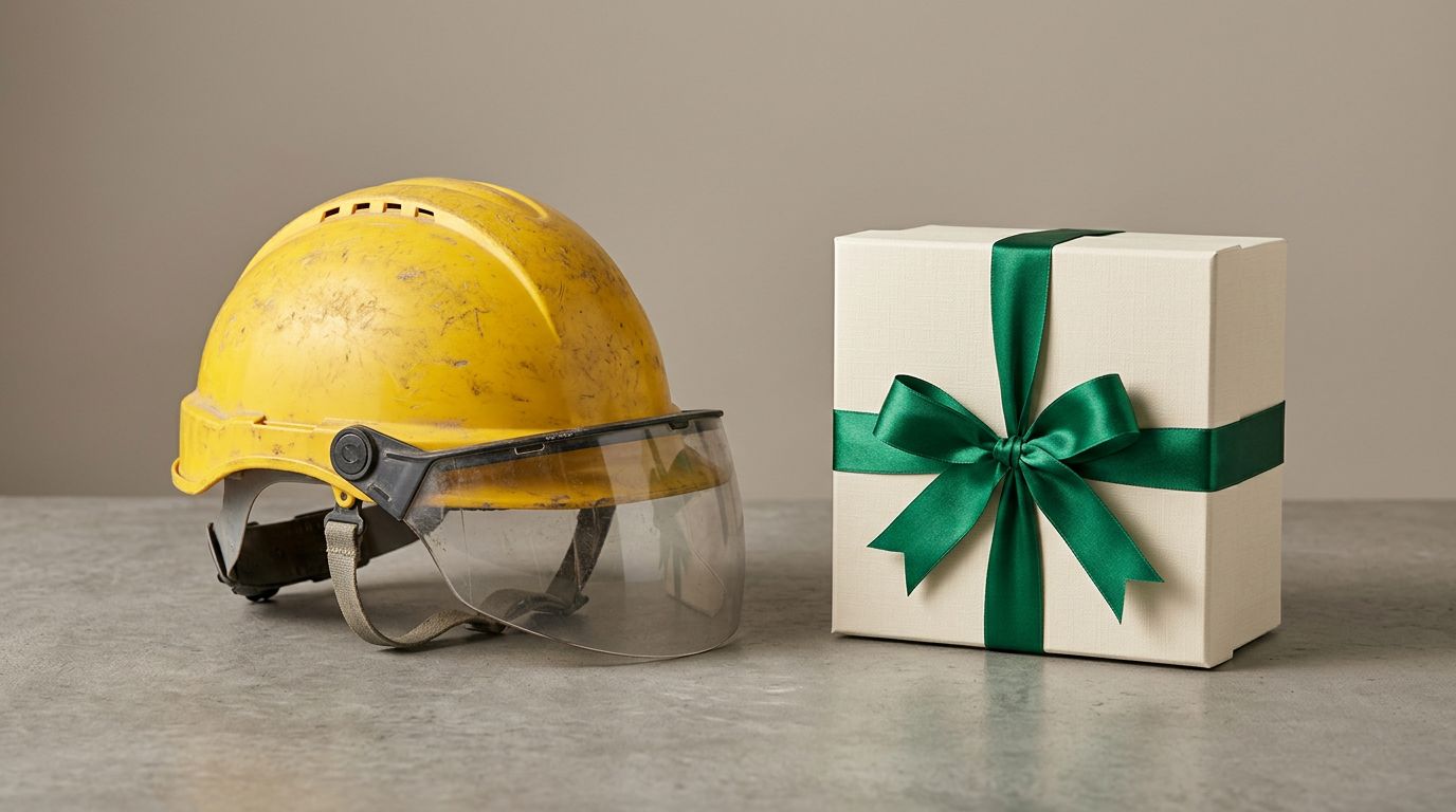 A yellow industrial hard hat beside an elegant gift box tied with a silk ribbon, representing different buyer contexts.