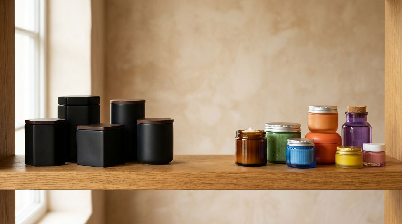 Minimalist black containers and colourful product jars arranged in two distinct groups on a polished wooden shelf.