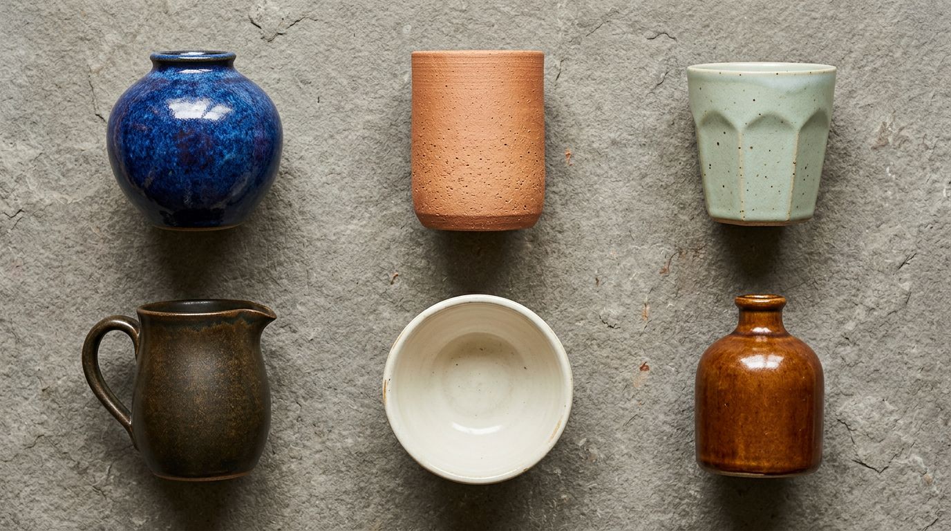 Six unlabelled ceramic vessels in different shapes and glaze colours arranged in a precise grid on a stone surface.