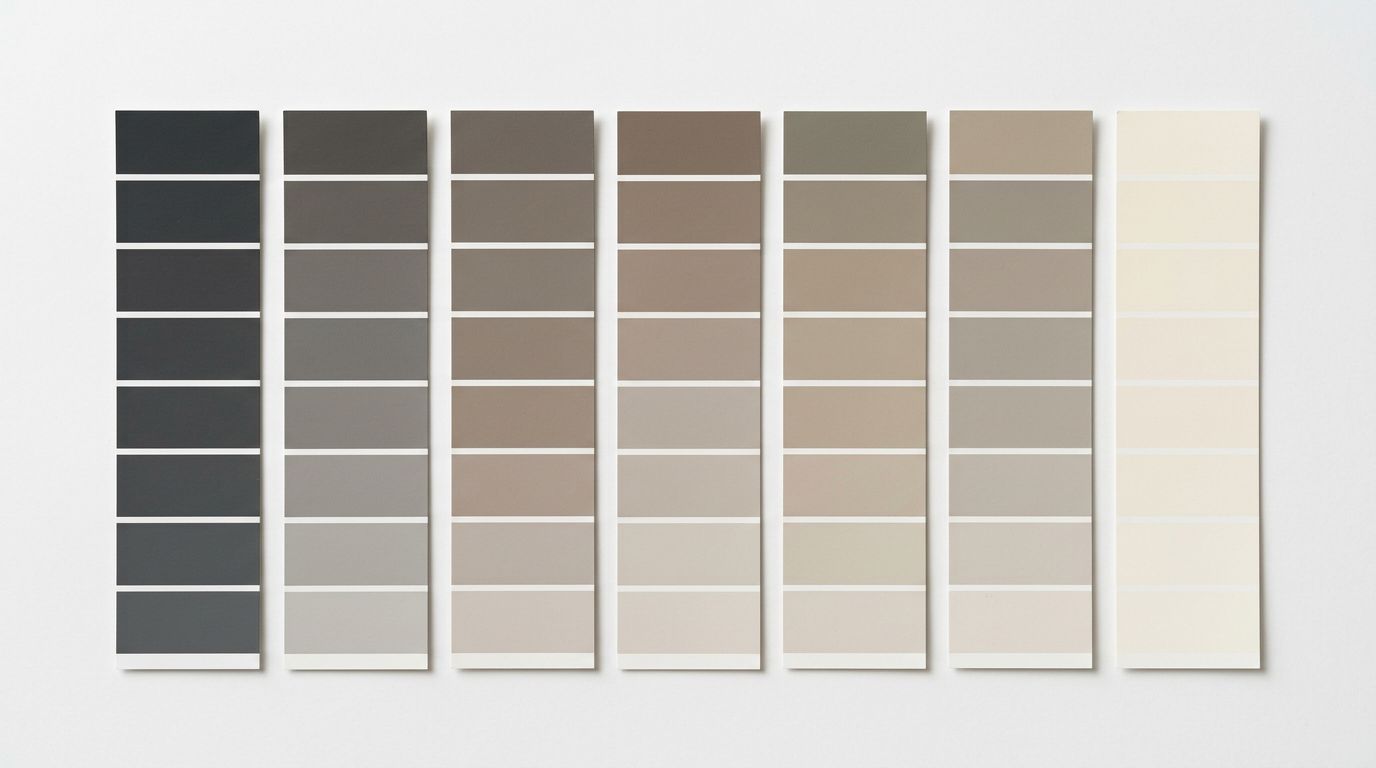 Paint sample strips arranged in a row transitioning from deep charcoal to warm cream, representing applying a consistent tonal choice across a product range.