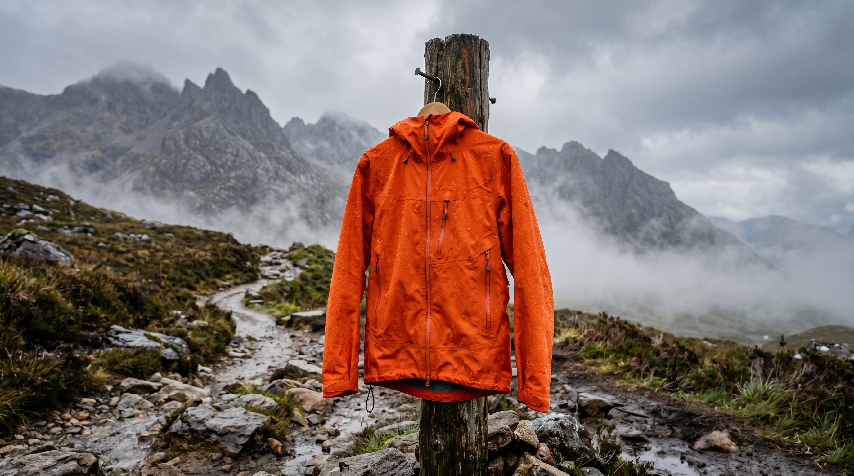 An orange waterproof hiking jacket hung on a timber post at the edge of a misty mountain trail, rain drops visible on the fabric.