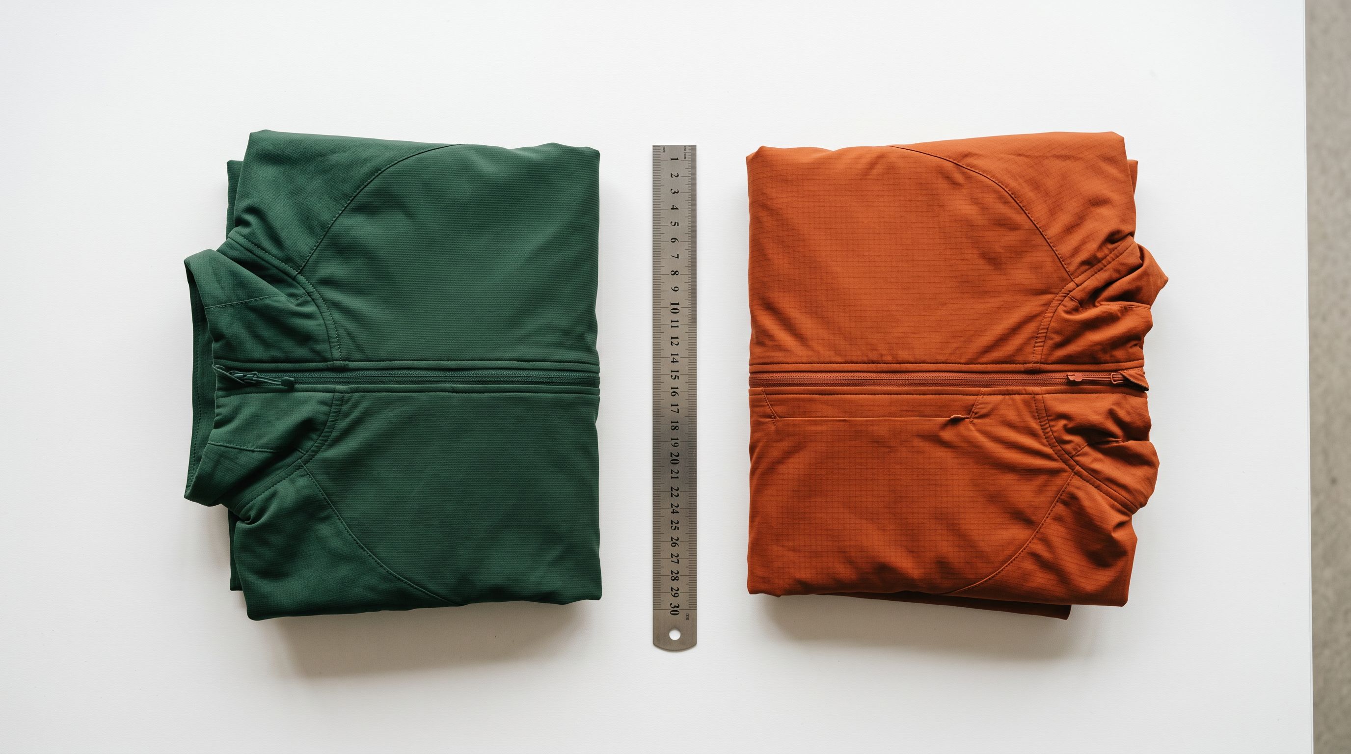 Two folded hiking jackets in different colours placed side by side on a clean retail surface with a stainless steel ruler between them.