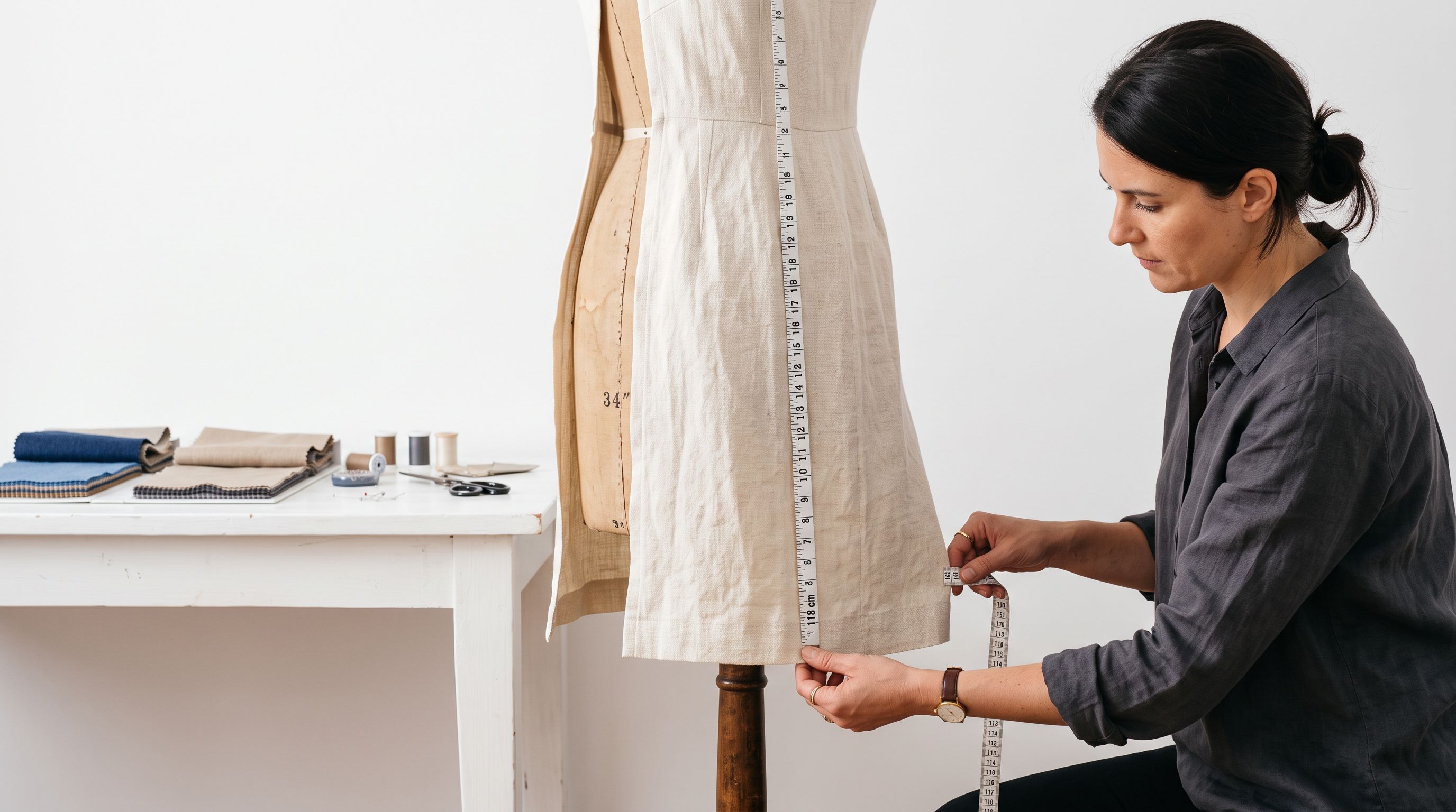 Tailor measuring the length of a dress on a dressmaking form with a white fabric measuring tape against a clean studio background.