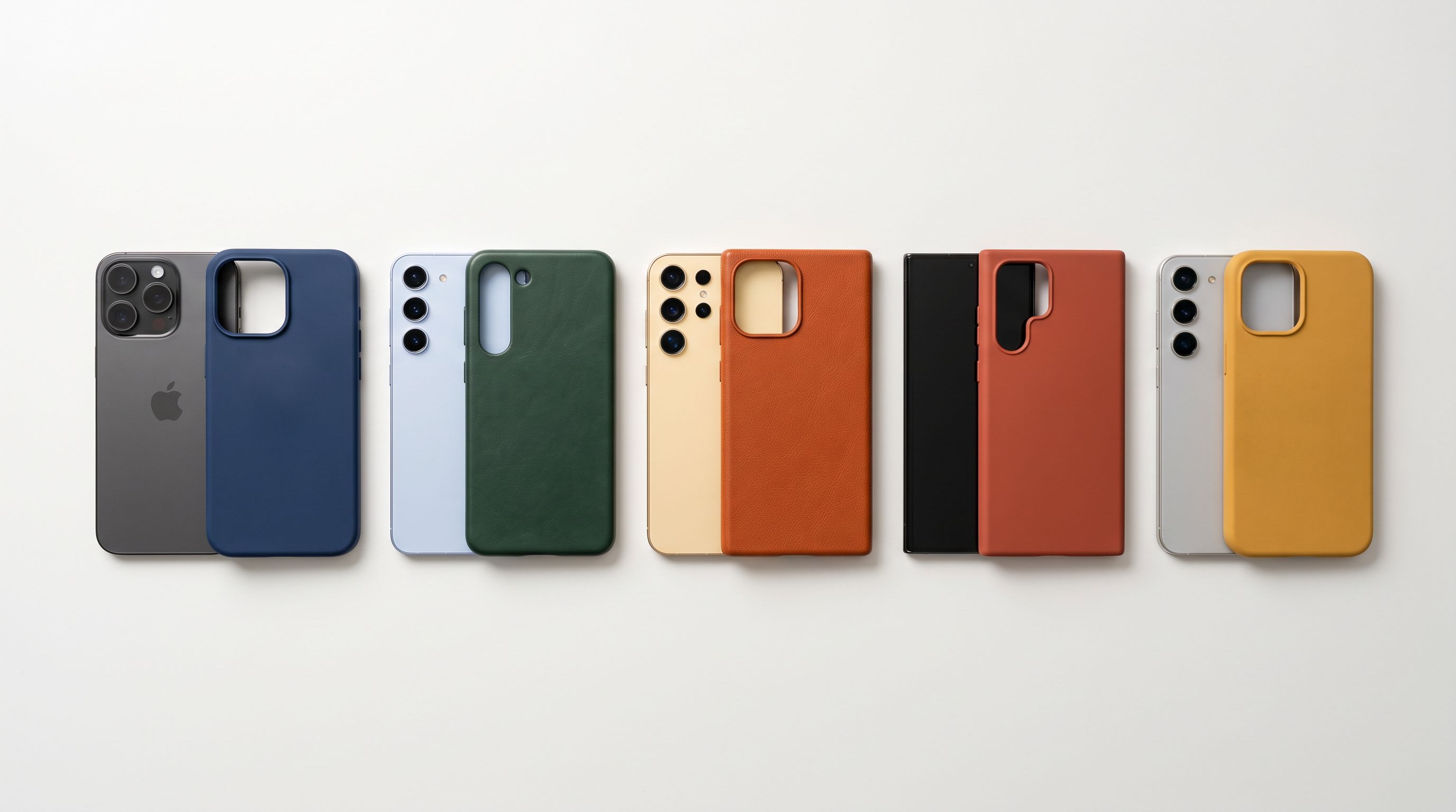 Flat lay of five phone cases in different colours arranged beside compatible smartphones in a one-to-one row on a white surface.