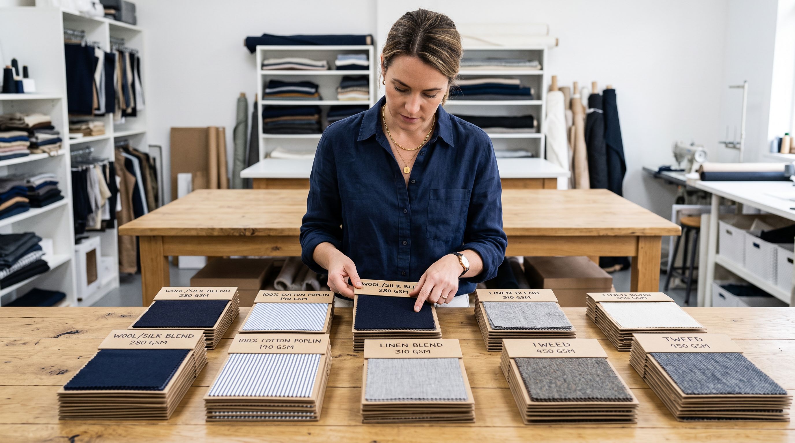 Textile buyer examining a stack of fabric swatch cards labelled with fibre composition and weight on a light wooden table.