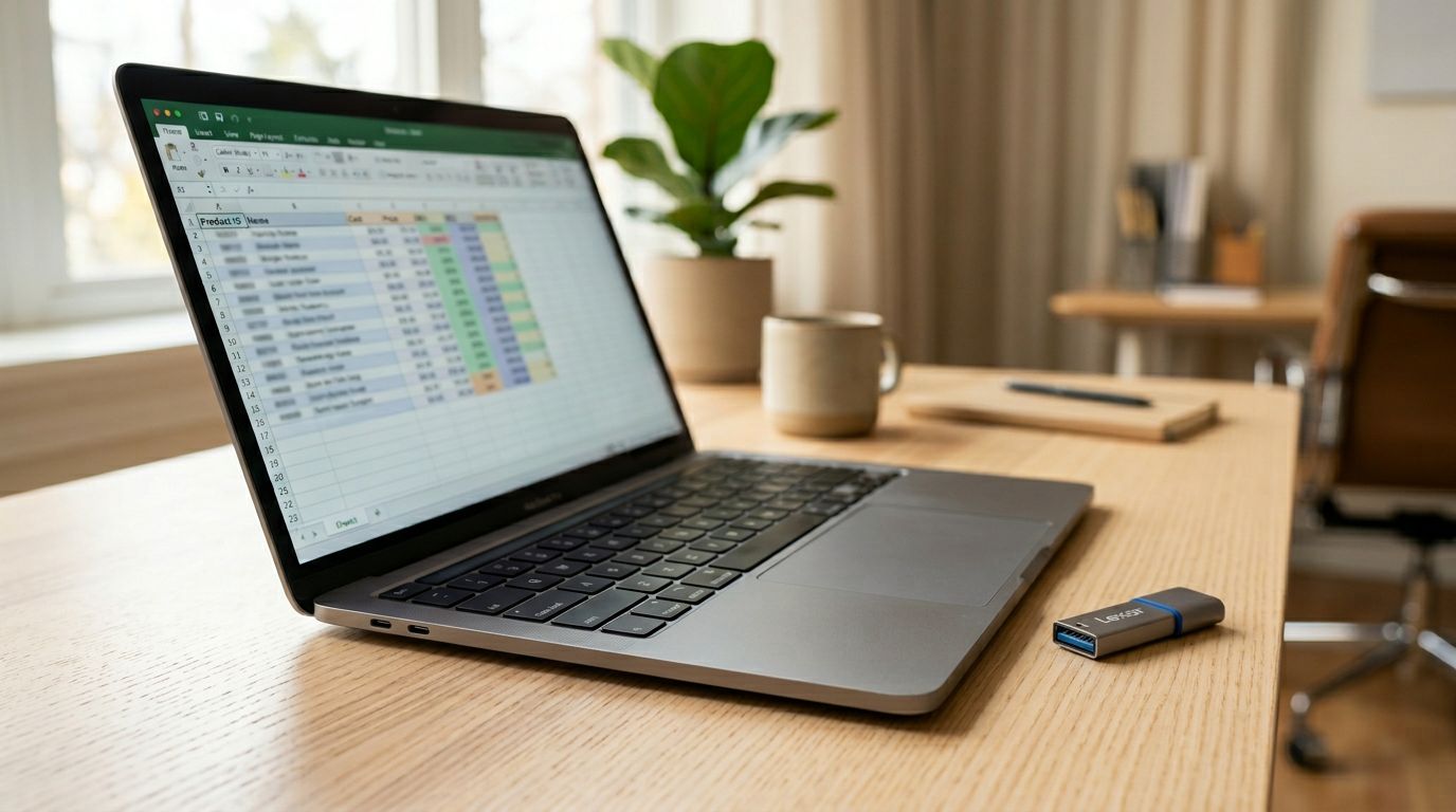 A laptop on a clean office desk showing a spreadsheet with columns of product data, a USB drive placed beside it, soft natural window light.