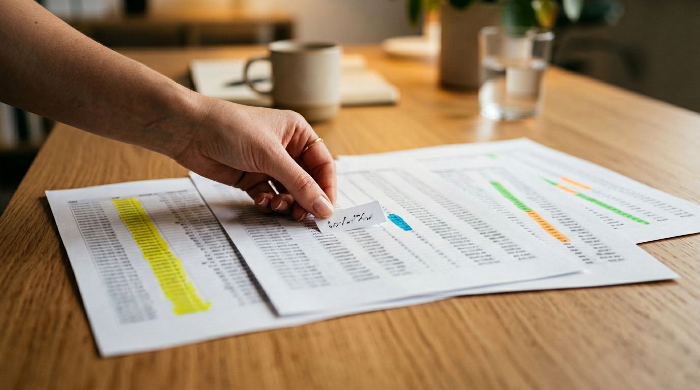 Several printed CSV sheets on a clean desk with columns highlighted in different colours, a hand placing a label on one sheet.