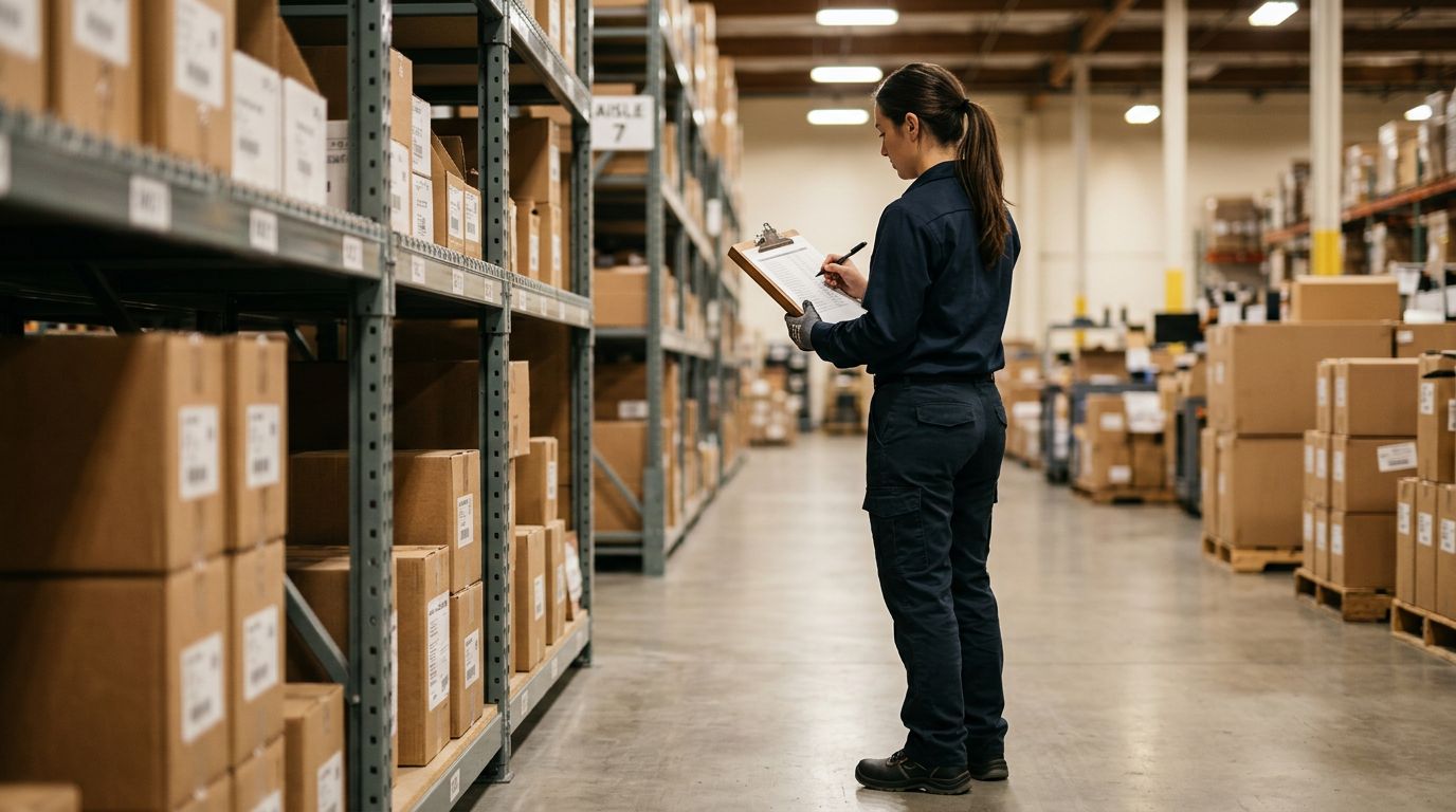 A warehouse worker with printed inventory sheets beside shelving units stacked with product boxes, clean overhead lighting.