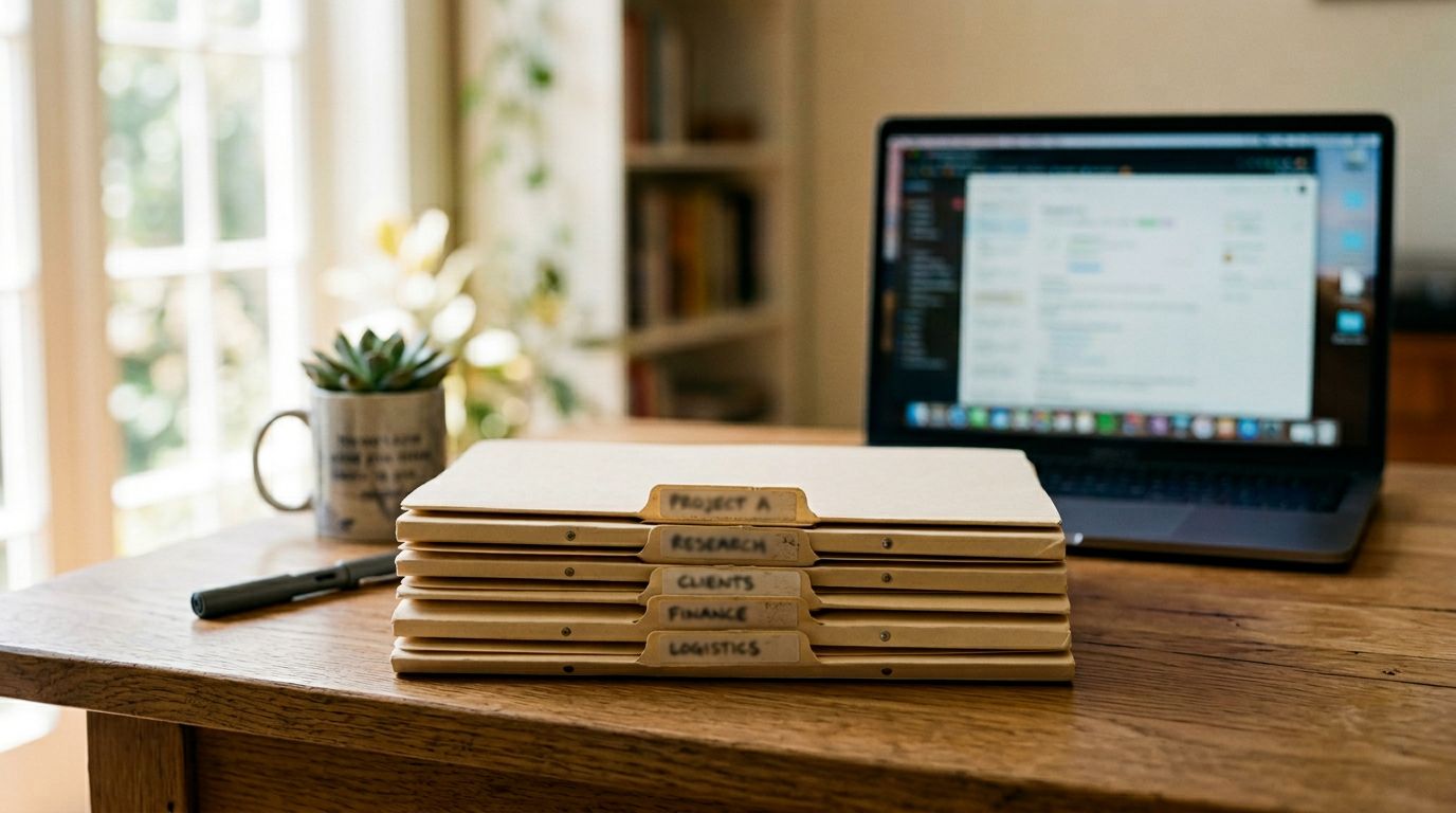 A stack of organised file folders on a clean wooden desk with a laptop open in the background, warm natural window light.