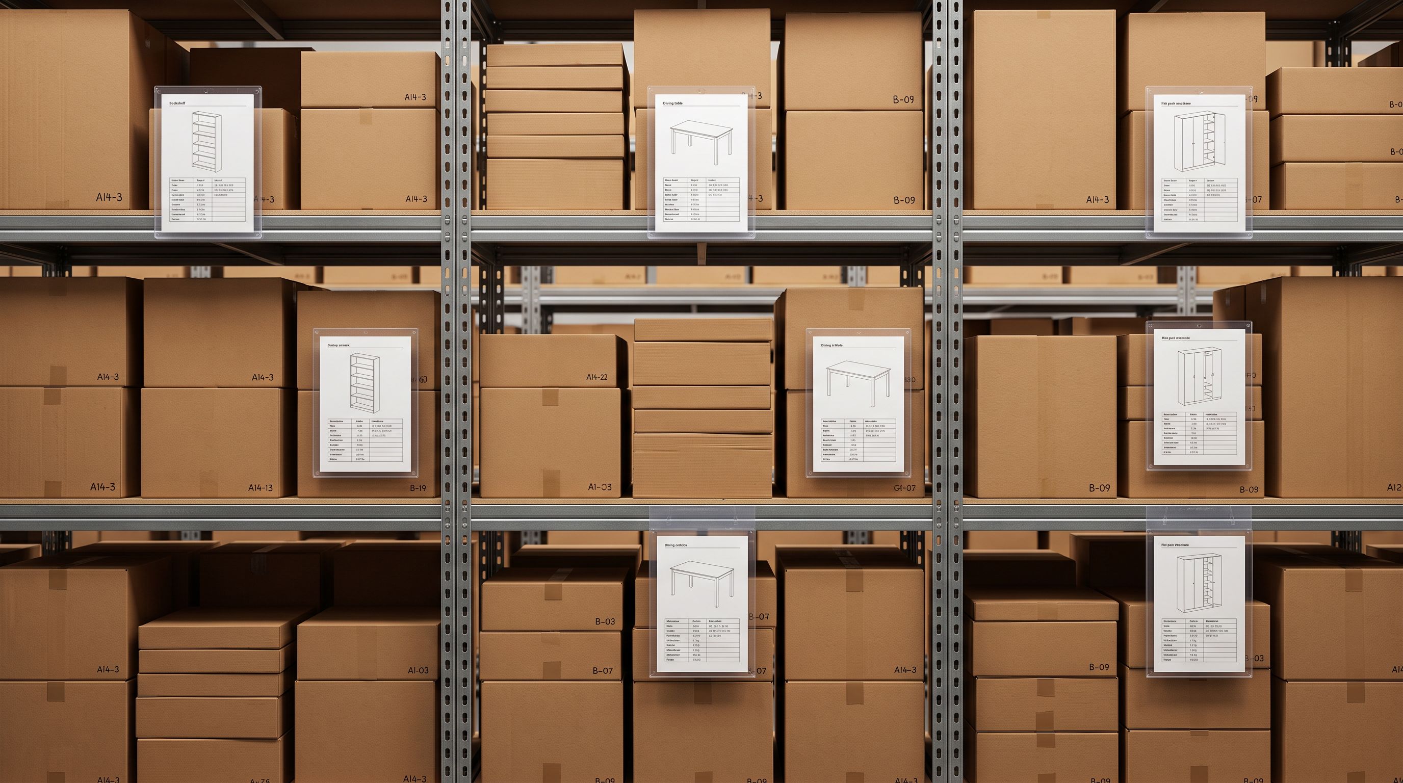Rows of packaged furniture boxes on a warehouse shelf with printed product specification sheets tucked into clear pockets on the front of each shelf section.