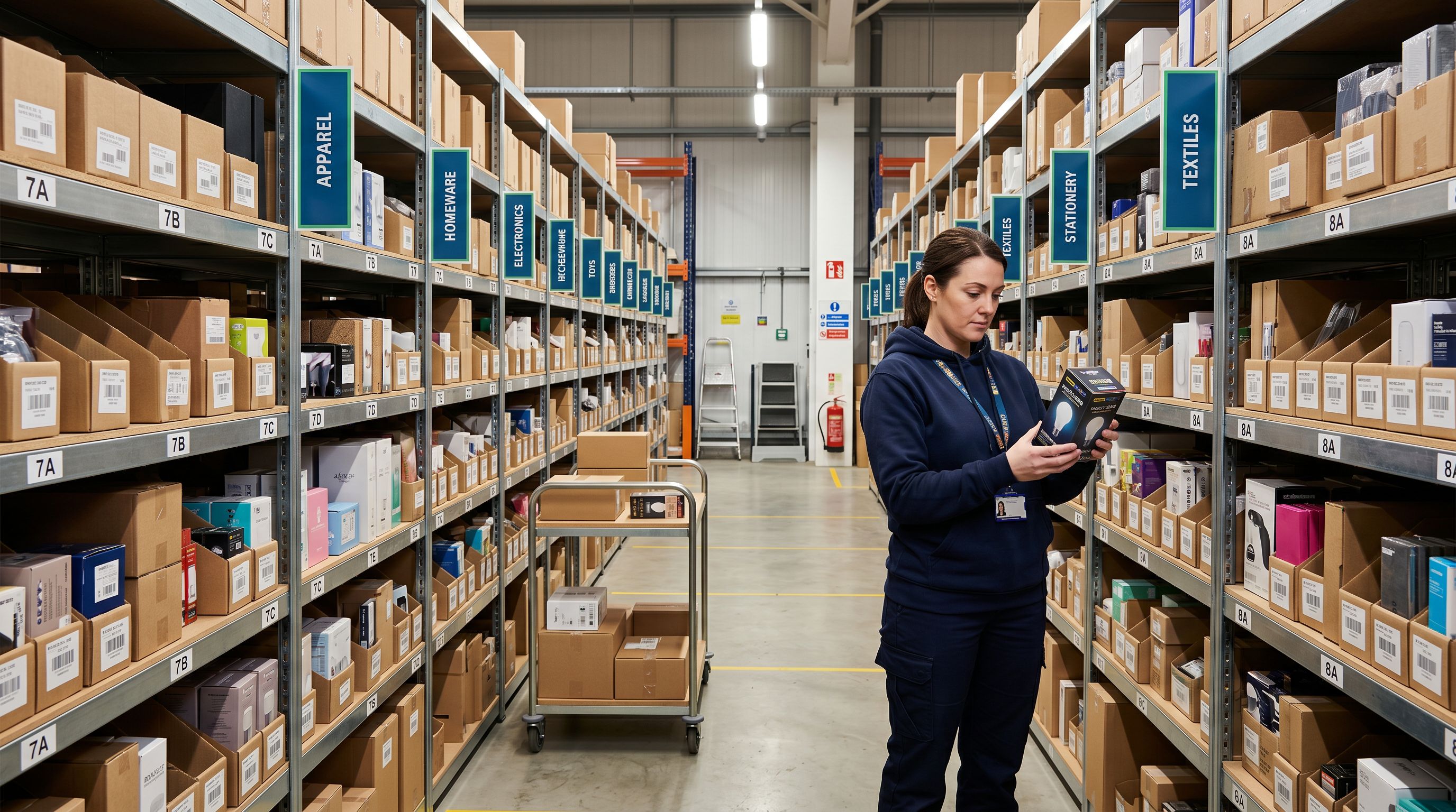 Retail stockroom with organised labelled shelving bins and a warehouse worker checking category tags.