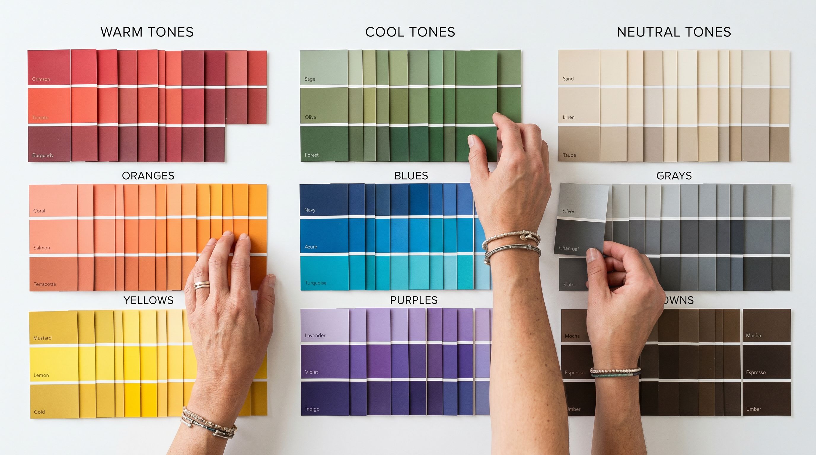 Hands sorting paint chip colour sample cards into organised colour family rows on a white surface.