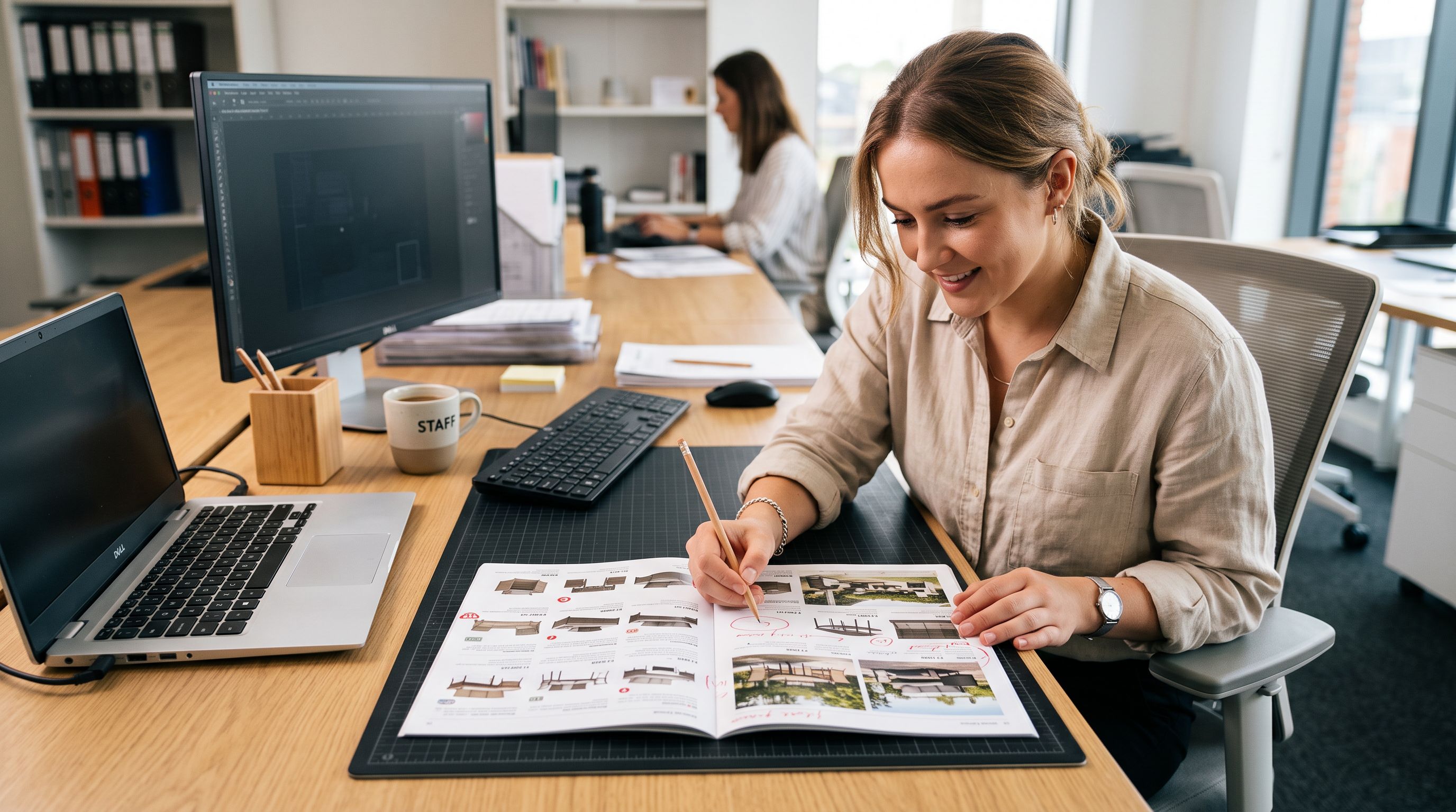 A retail worker at a computer comparing two product catalogues, noting discrepancies between versions on a notepad.