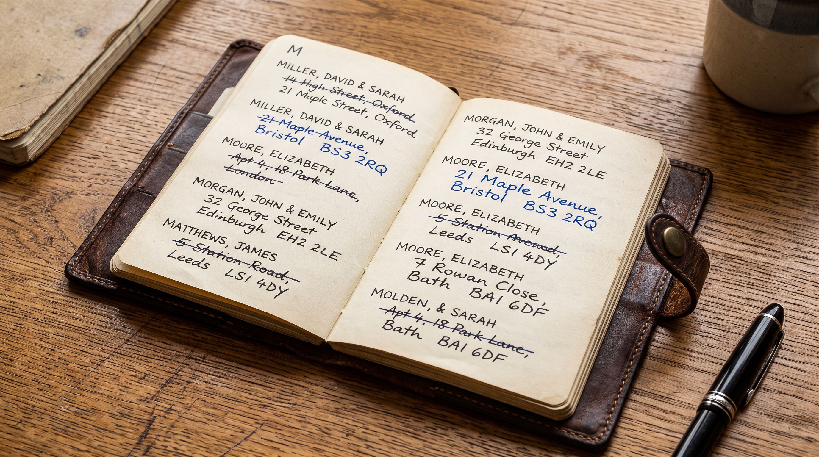 A physical address book with some entries crossed out and new addresses written beside them.