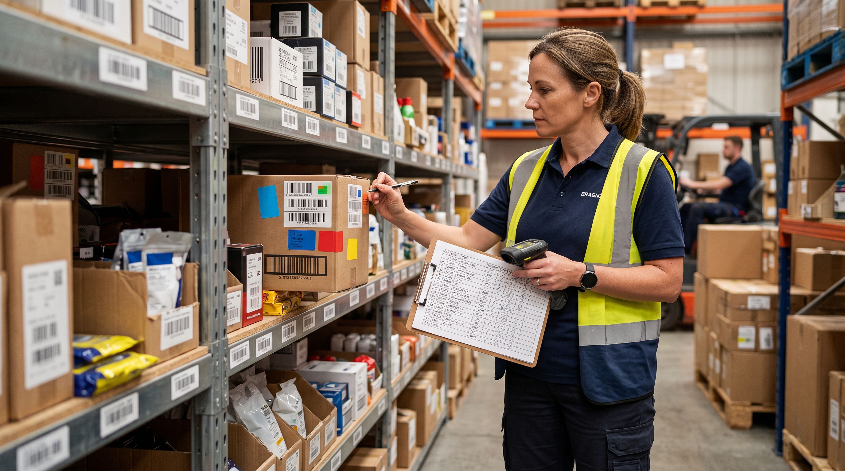 A warehouse supervisor cross-referencing barcoded products against a printed inventory list.