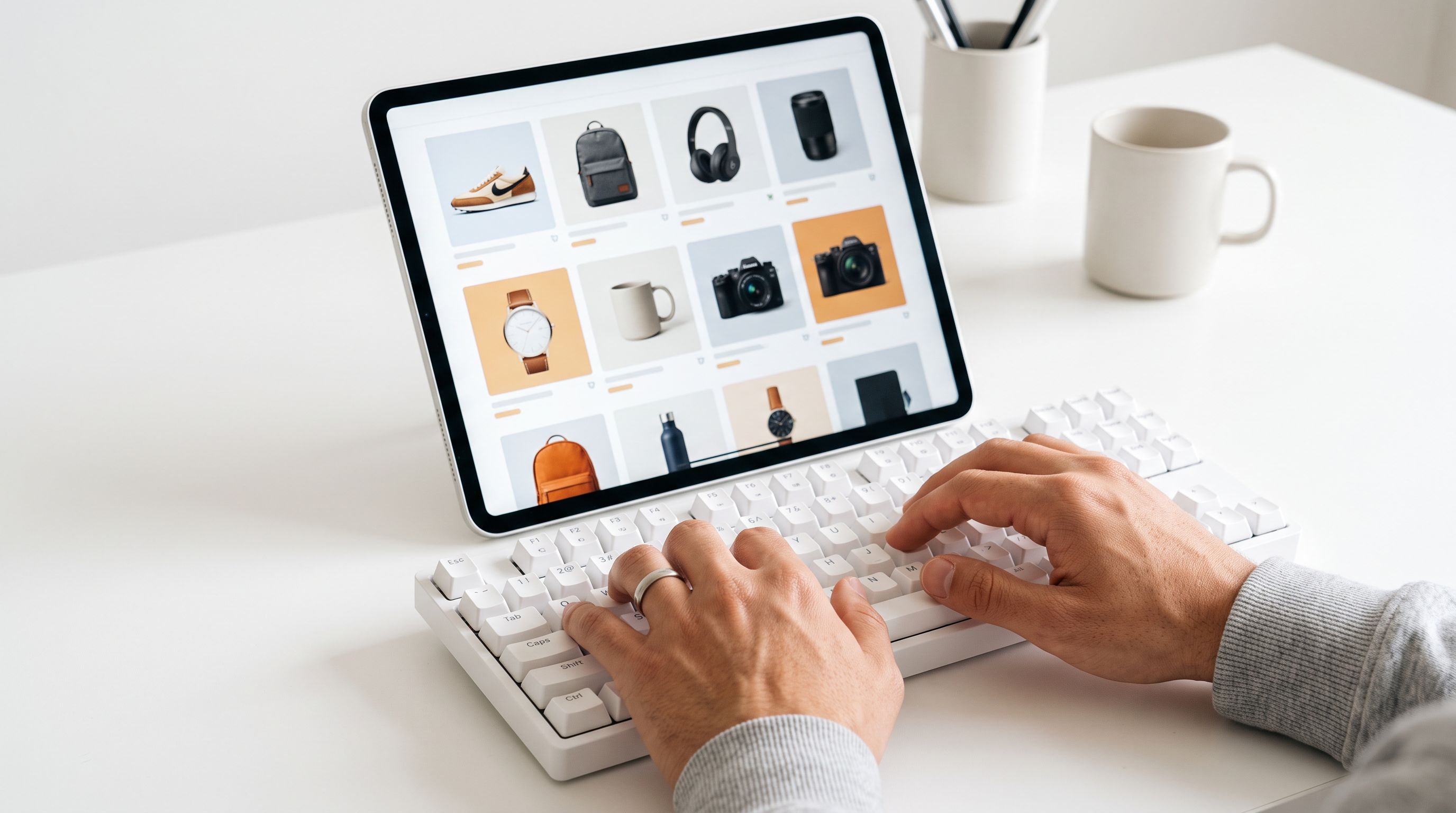 Person's hands resting on a white keyboard in front of a tablet showing a product listing page with image thumbnails in a grid, clean white desk, even studio lighting.