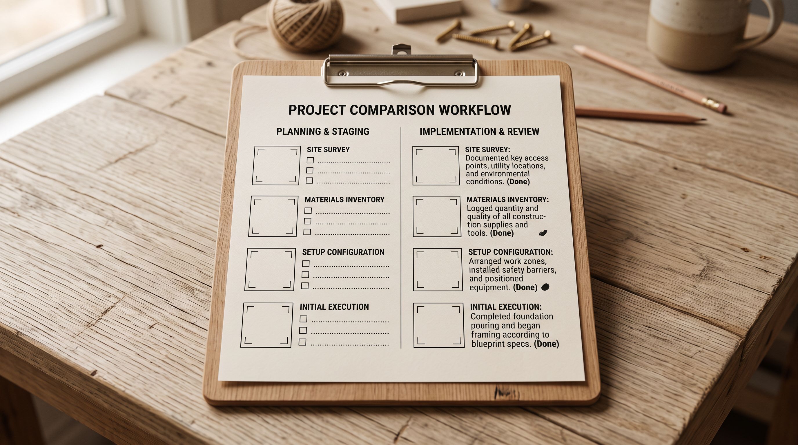 Printed two-panel comparison checklist on a clipboard with empty checkboxes and blank lines on the left panel and filled descriptive text on the right panel, placed on a light wooden work surface.
