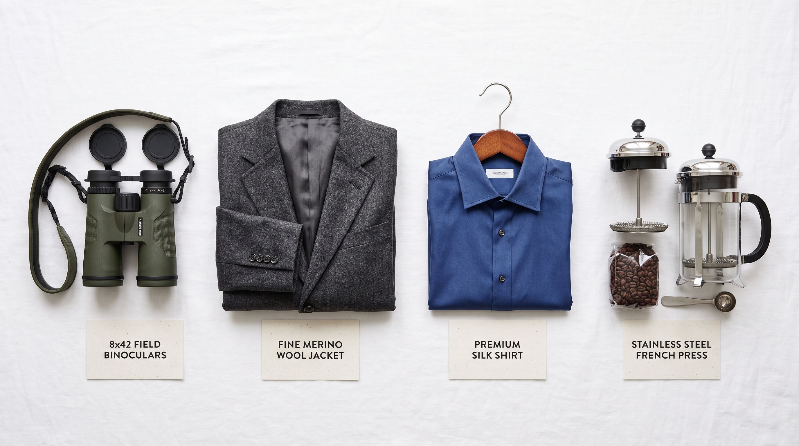 Flat lay of four distinct products in a horizontal row on a white surface: olive green binoculars, a folded charcoal jacket, a blue silk garment on a hanger, and a stainless steel French press, with printed descriptor cards beneath each item.