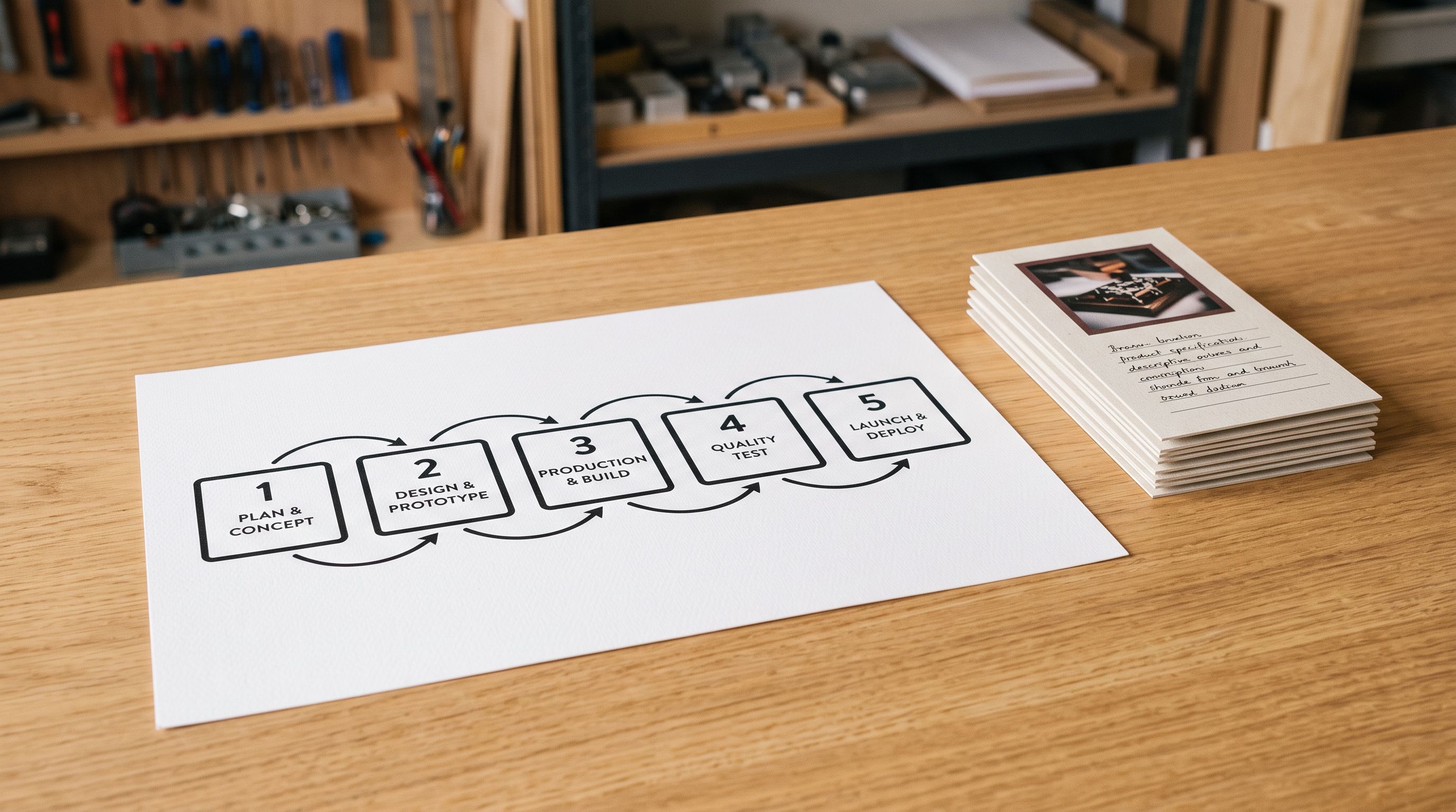 Printed five-box numbered workflow diagram with connecting arrows on a white sheet, resting on a work surface beside a neat stack of product specification cards showing image frames with handwritten descriptive text beneath each frame.