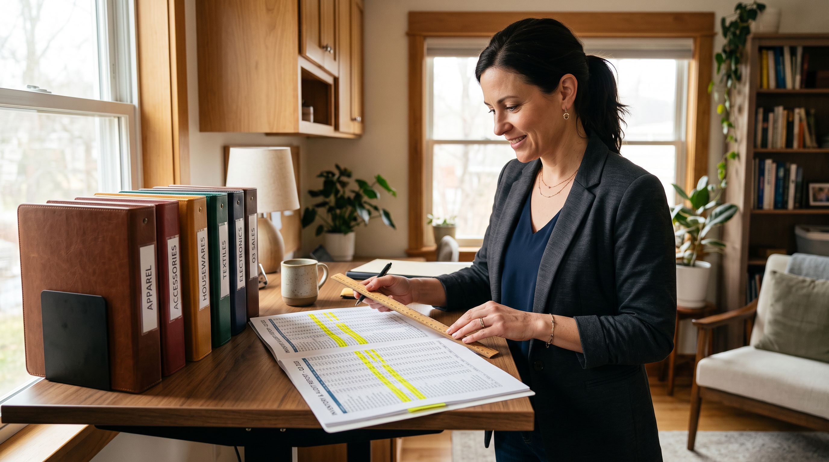Merchant at a standing desk reviewing a printed data audit report with highlighted rows, holding a ruler pointing to a specific line, with organised product folders stacked in a neat row beside the desk under bright natural daylight.