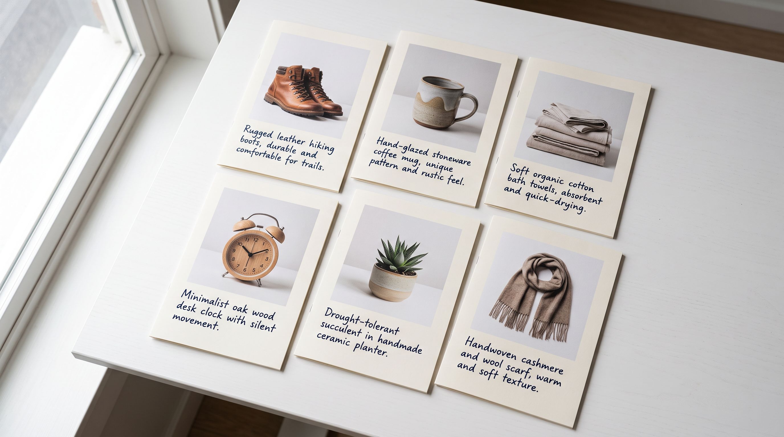 Flat lay of printed product catalogue pages on a white desk each showing an image thumbnail with a handwritten descriptive caption below it.