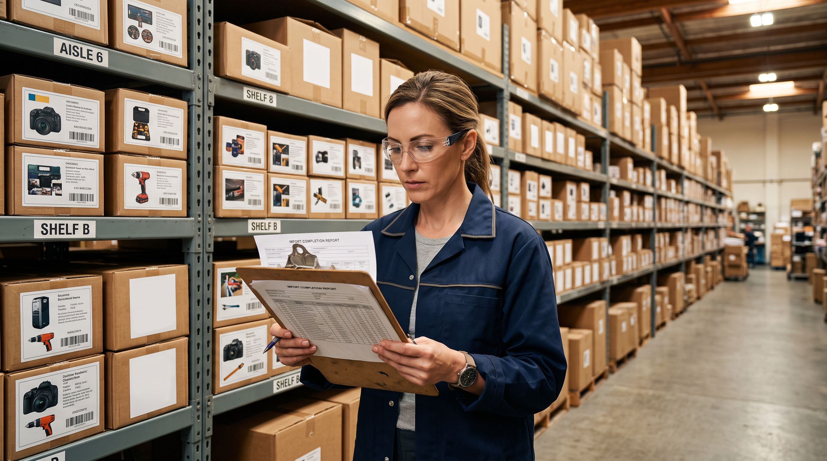 Warehouse manager reviewing an import completion report on a clipboard beside product shelves with some boxes showing blank image label placeholders