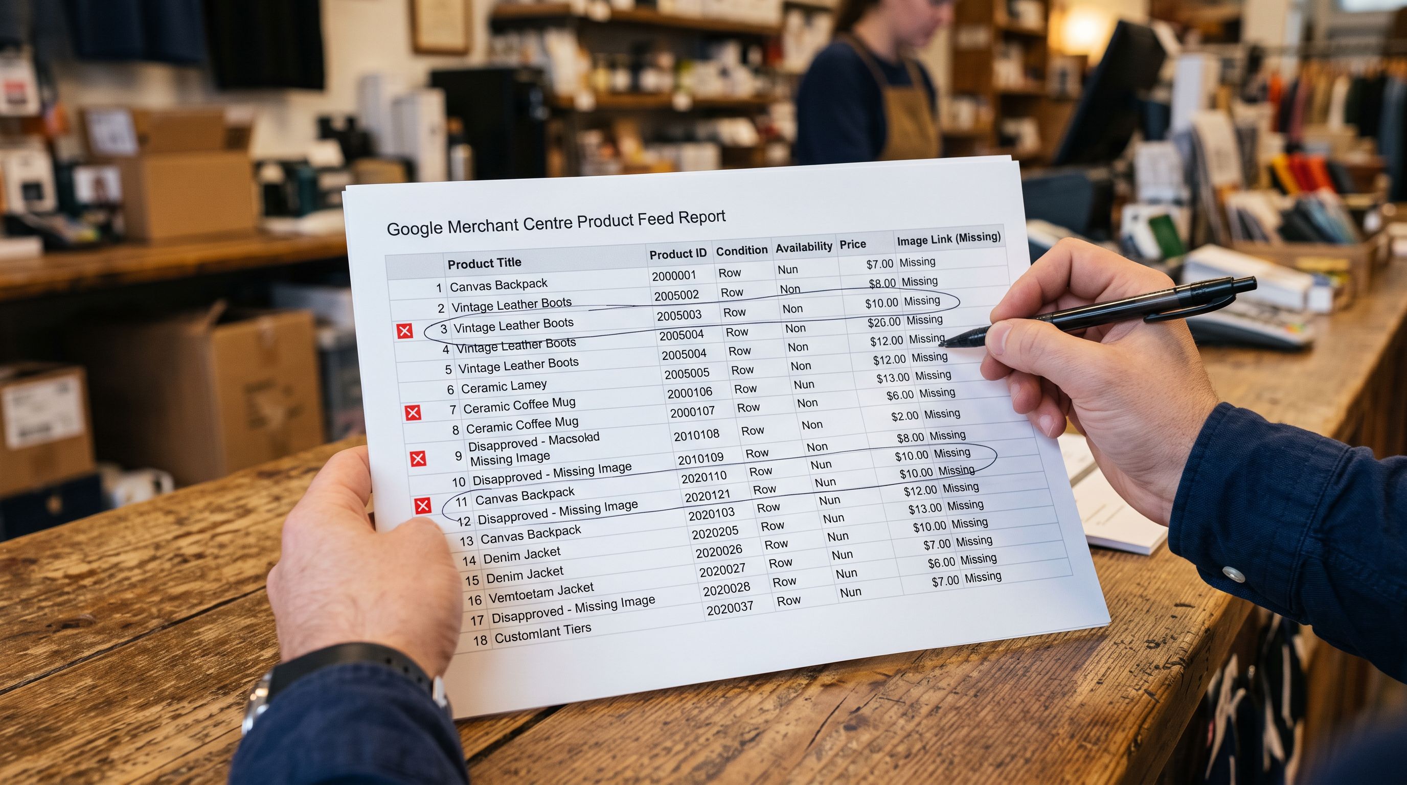 Printed Google Merchant Centre product feed report showing rows with red disapproval flags next to entries missing image fields