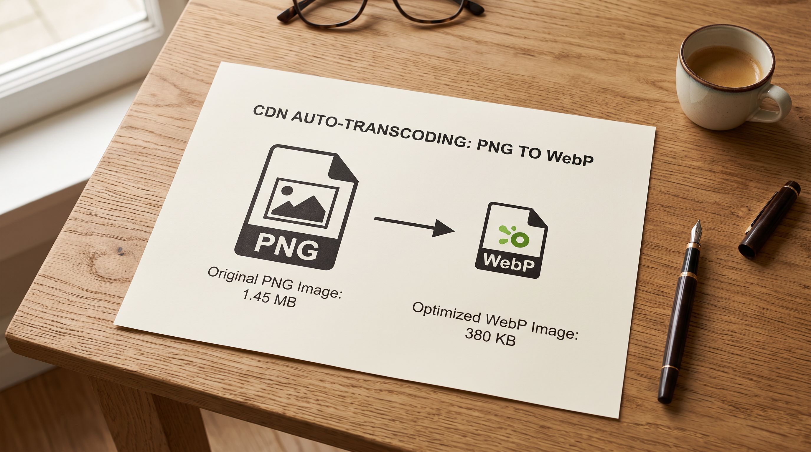 A printed file format conversion diagram on a desk showing a PNG file icon connected by an arrow to a WebP file icon with file sizes beneath each, representing Shopify's automatic image transcoding at upload.