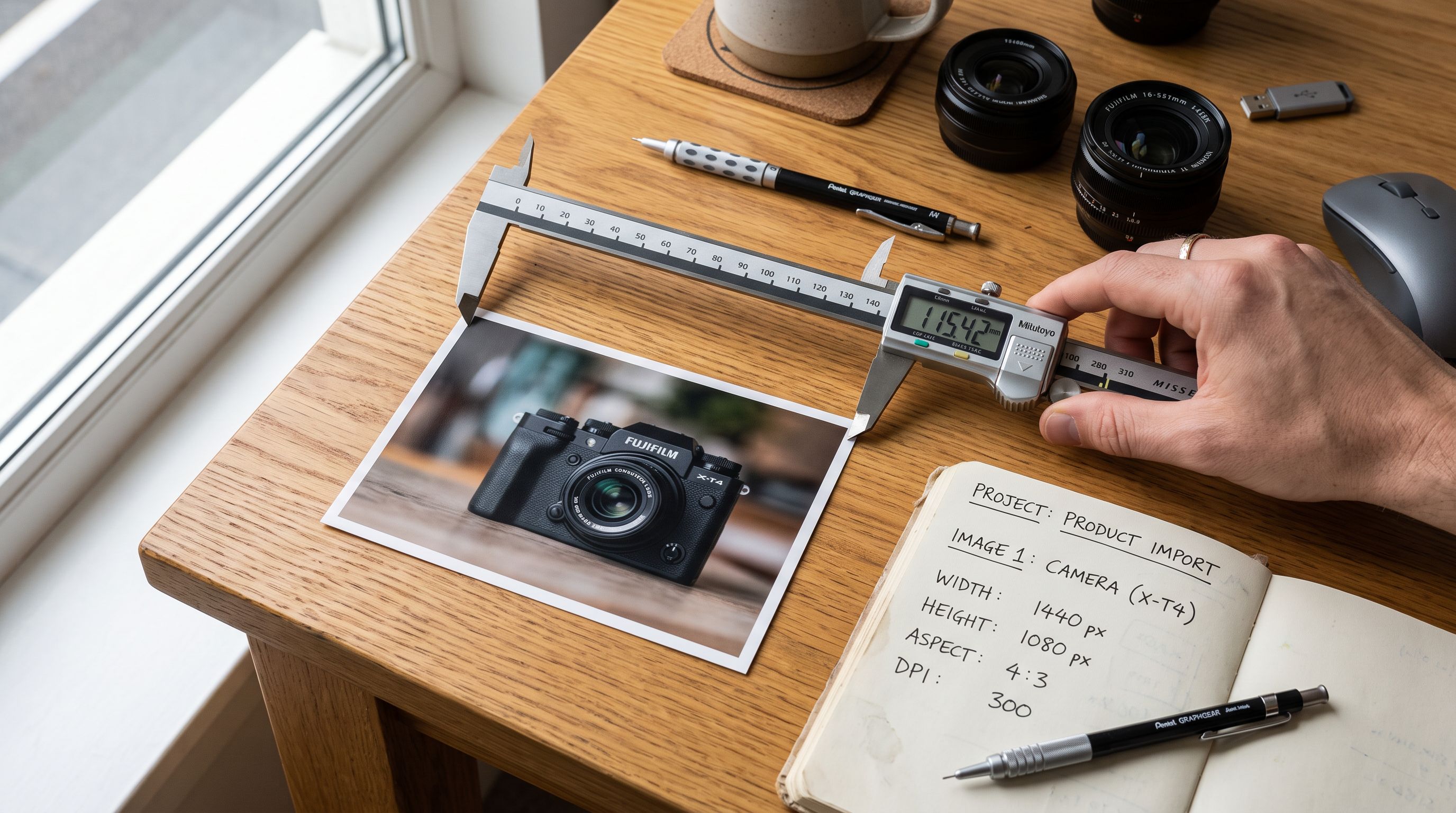 A digital calliper measuring a printed product photograph on a desk beside a notebook with pixel dimension numbers, representing the process of checking image dimensions before import.
