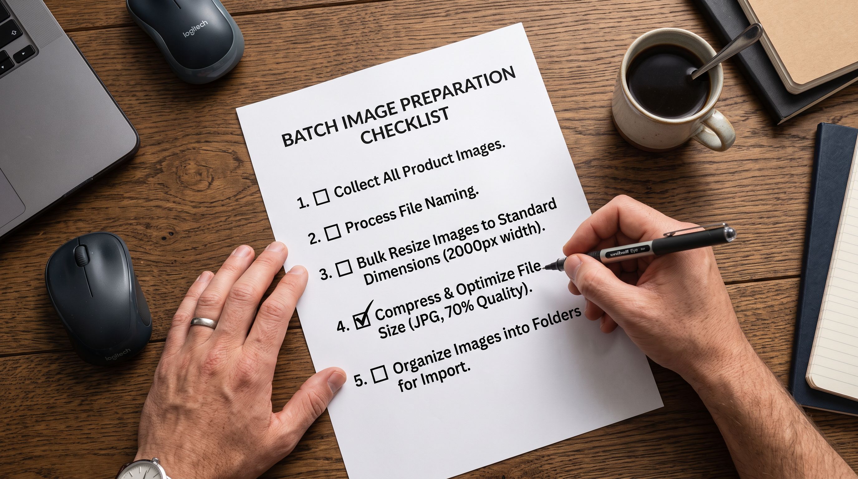 A printed five-step image preparation checklist on a desk with numbered steps and a pen held beside the paper, representing the sequential image batch resize process before a bulk product import.