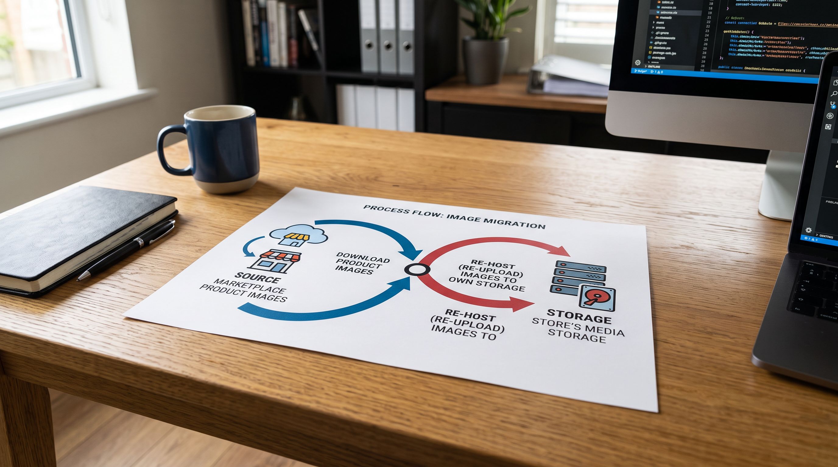 A printed data flow diagram on a desk showing a source icon connected by a curved arrow to a storage destination icon, representing the marketplace image re-hosting process during import.