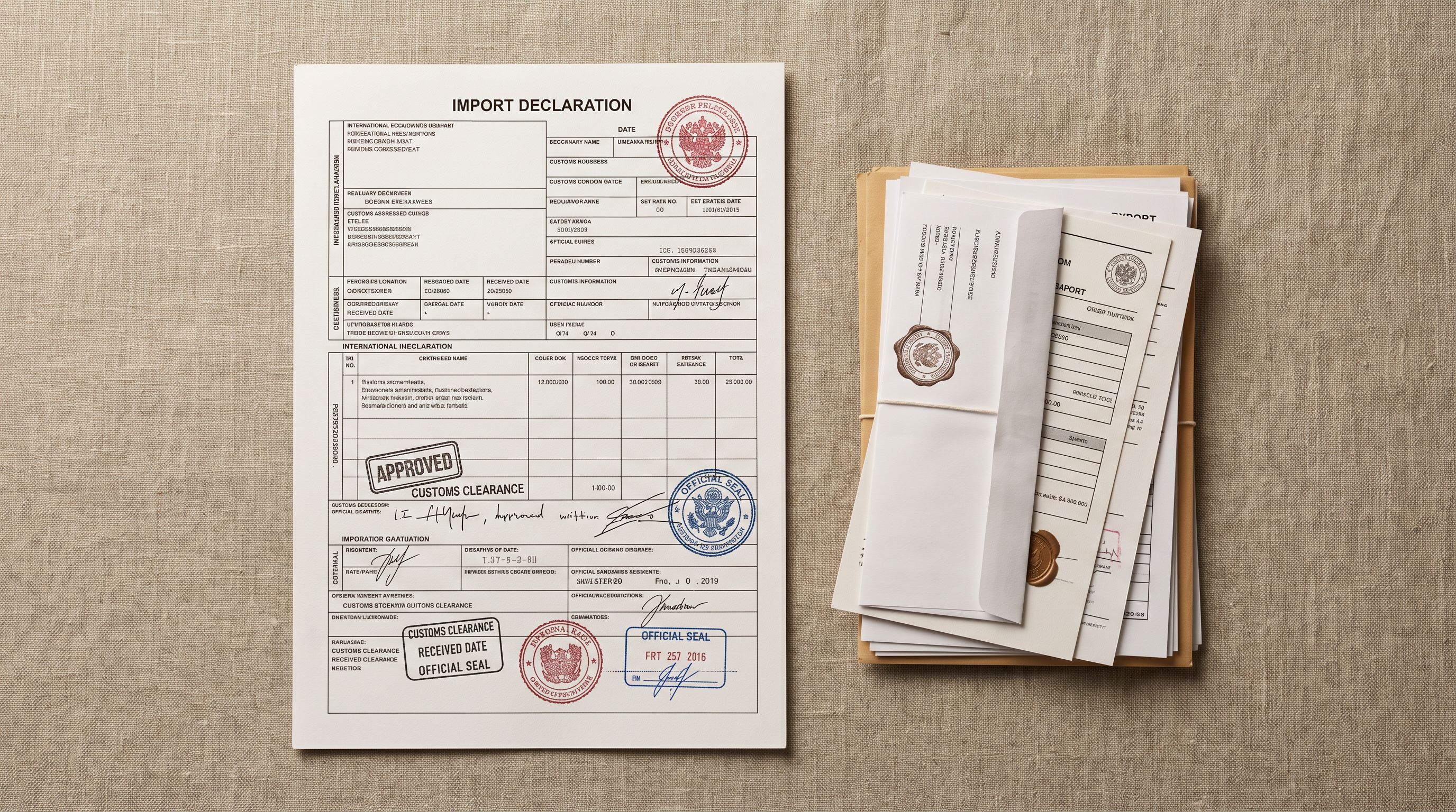 International trade import forms with official stamps and export documentation on linen.