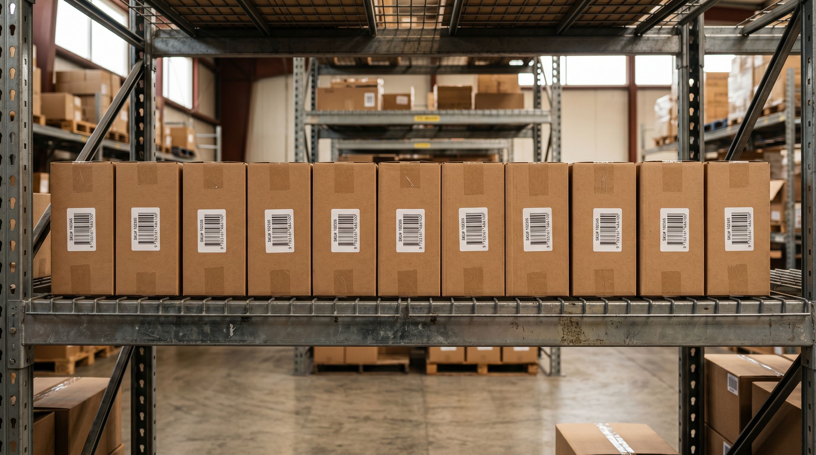 Neat row of product boxes with barcode labels on metal warehouse shelving, representing a product catalogue.