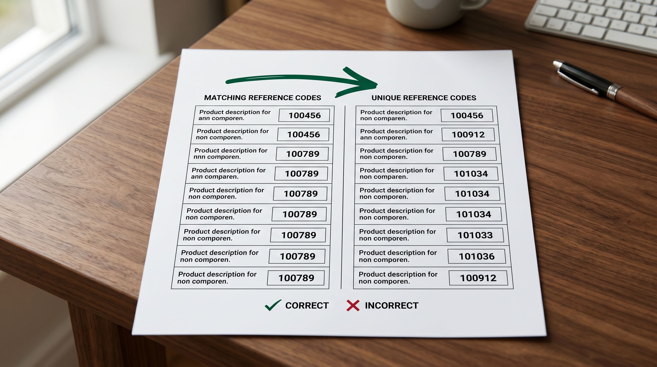 Printed import preview comparison sheet on a desk showing two column configurations side by side: one with variant rows grouped under the same product handle on the left and one with each variant as a separate product on the right, with an arrow indicating the correct configuration.