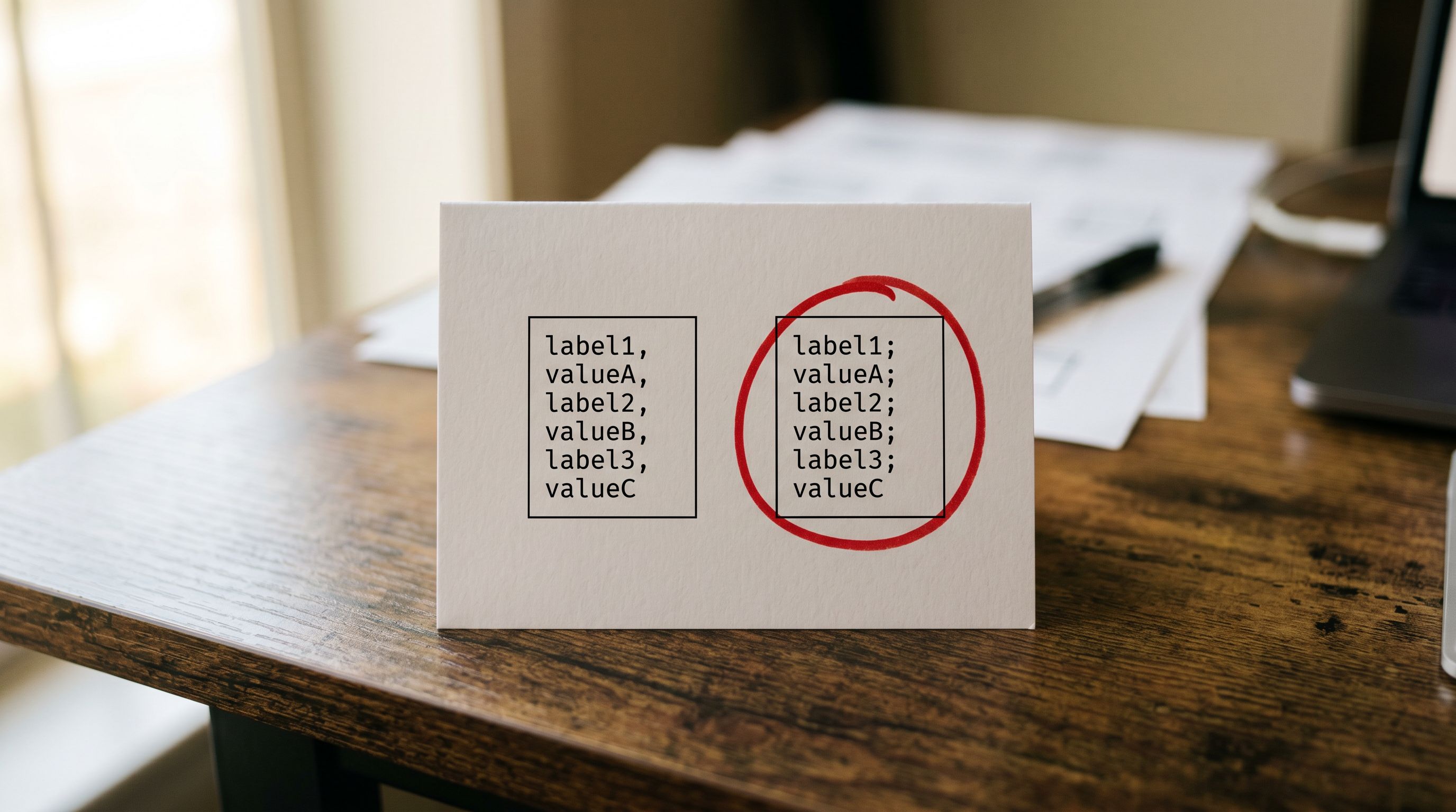 Printed product tags column comparison on a desk showing correct comma-separated tag values on the left and incorrectly formatted semicolon-separated tags on the right, with the incorrect example circled in red pen.