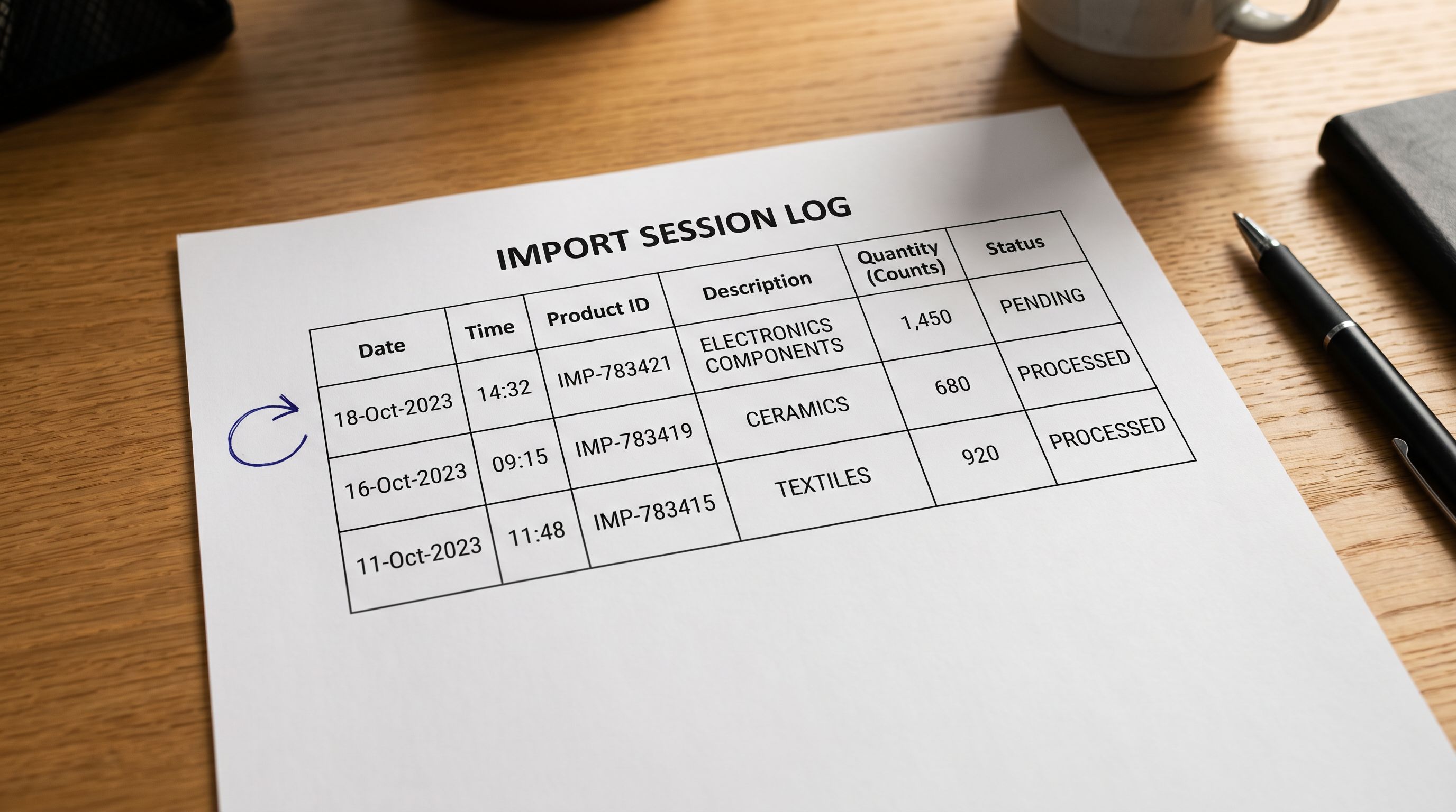 Printed import history session list on a desk showing three rows representing previous import sessions with product counts, timestamps, and status labels, with a pencil pointing to the most recent session and an undo arrow drawn in the margin.