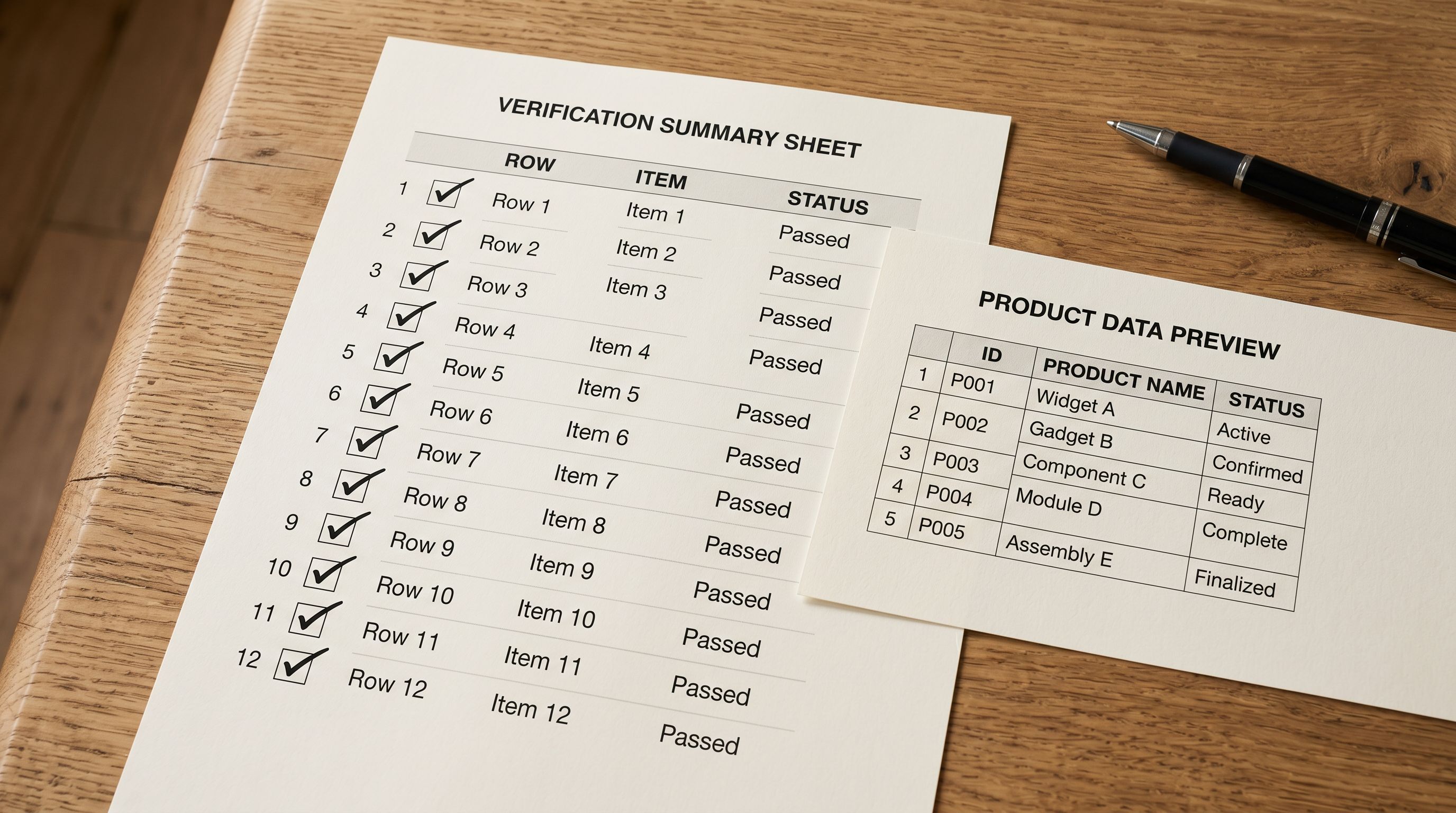 Printed pre-import verification summary sheet on a desk showing 12 numbered checklist rows with tick boxes, all ticked, beside a printed import preview showing five sample product rows, ready to confirm.